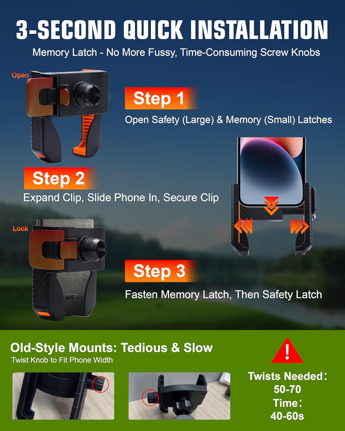 XEEP Golf Cart Phone Holder Mount, 3s Phone Clip Install, 1s Lock & Release, 360° Rotation Golf Phone Holder for Ezgo Club Car Yamaha, Golf Cart Accessories for All 4.5-7" Smartphones - Image 5