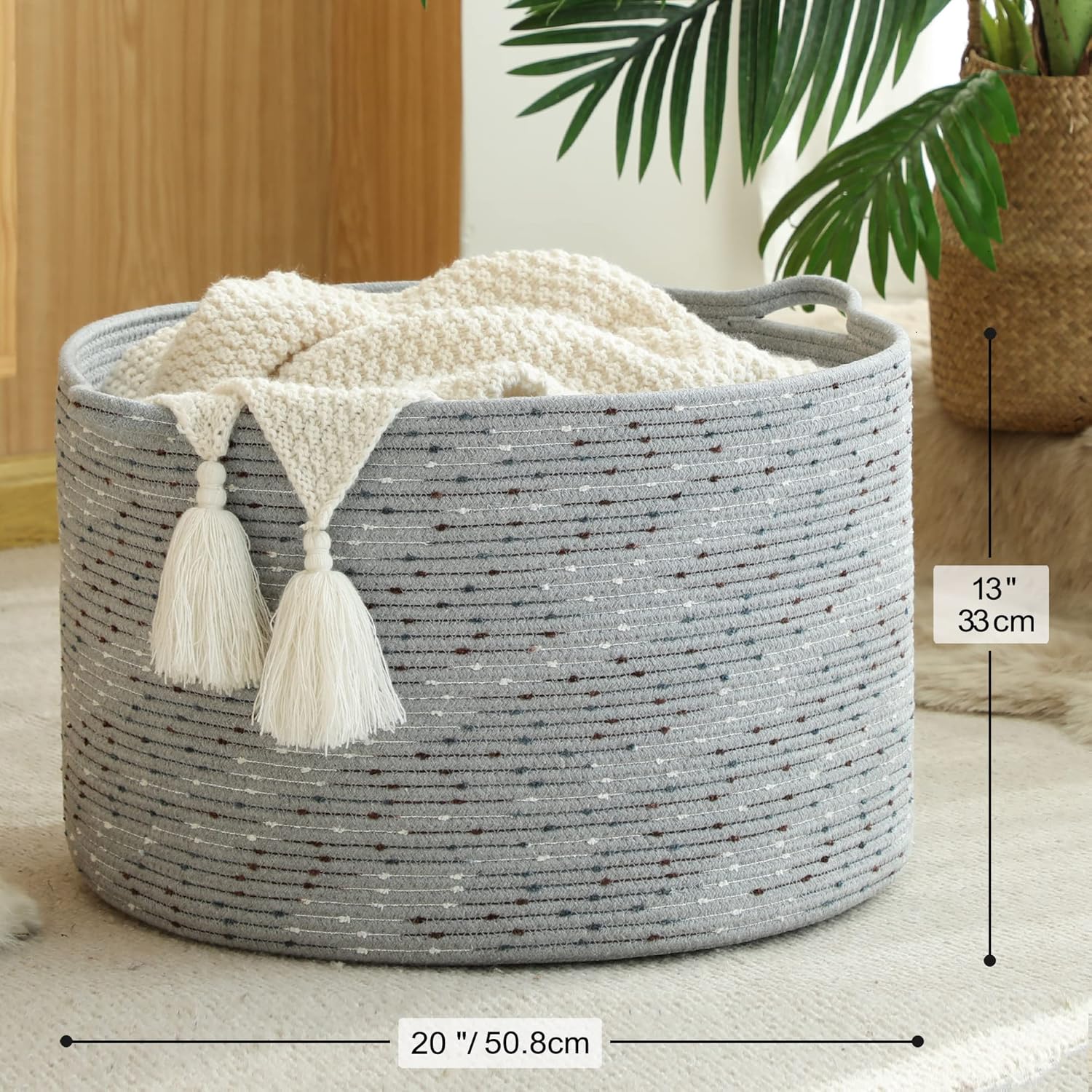 KAKAMAY Large Blanket Basket (20"x13"),Woven Baskets for storage Baby Laundry Hamper, Cotton Rope Blanket Basket for Living Room, Laundry, Nursery, Pillows, Grey with Blue & Brown Dotted - Image 6