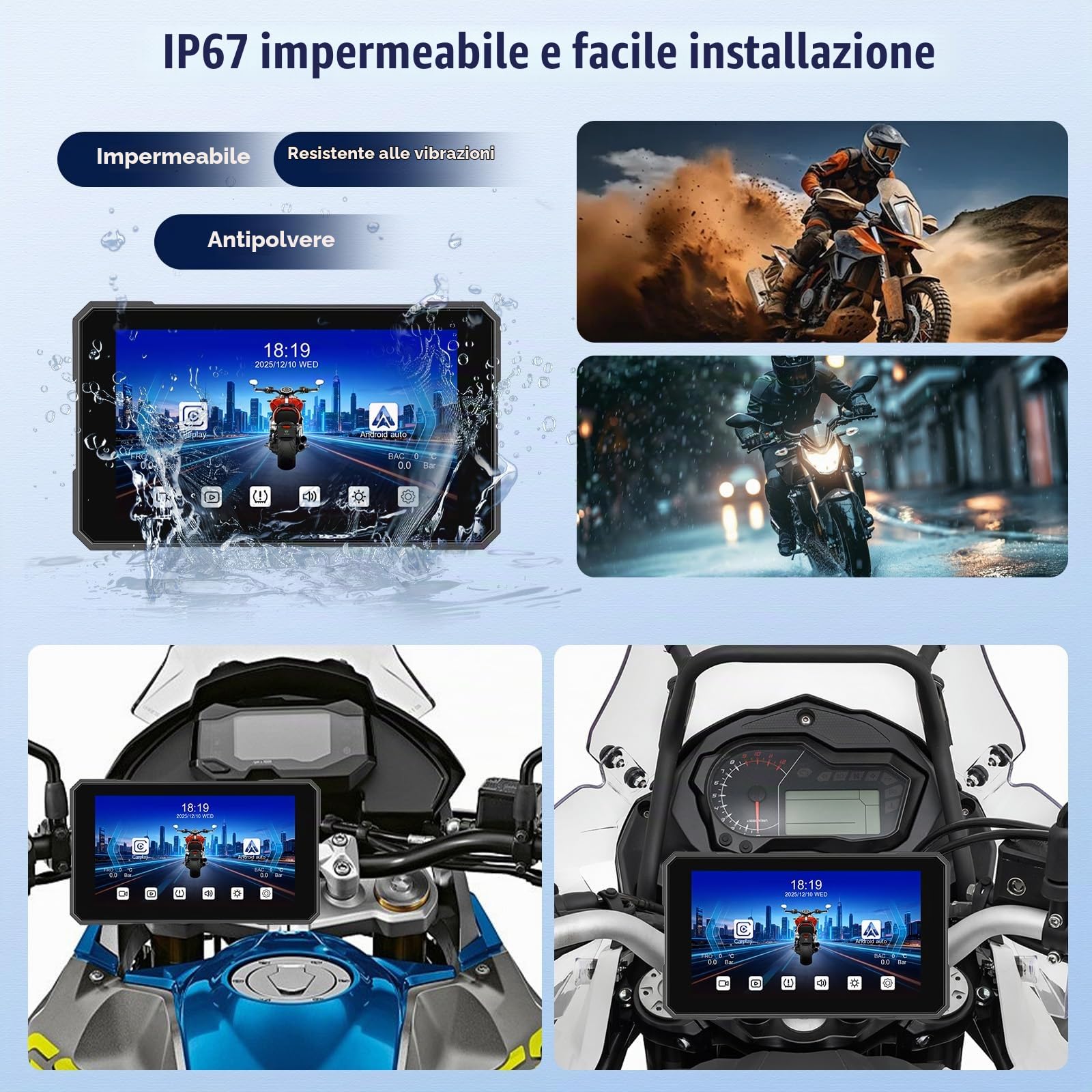 Carplay Moto 5 Pollici per Carplay Android Auto, Moto con Dashcam Anteriore Posteriore, GPS Dashcam Moto con APP, Navigazione GPS, Siri, G-oogle Assistant, Bluetooth, Impermeabile