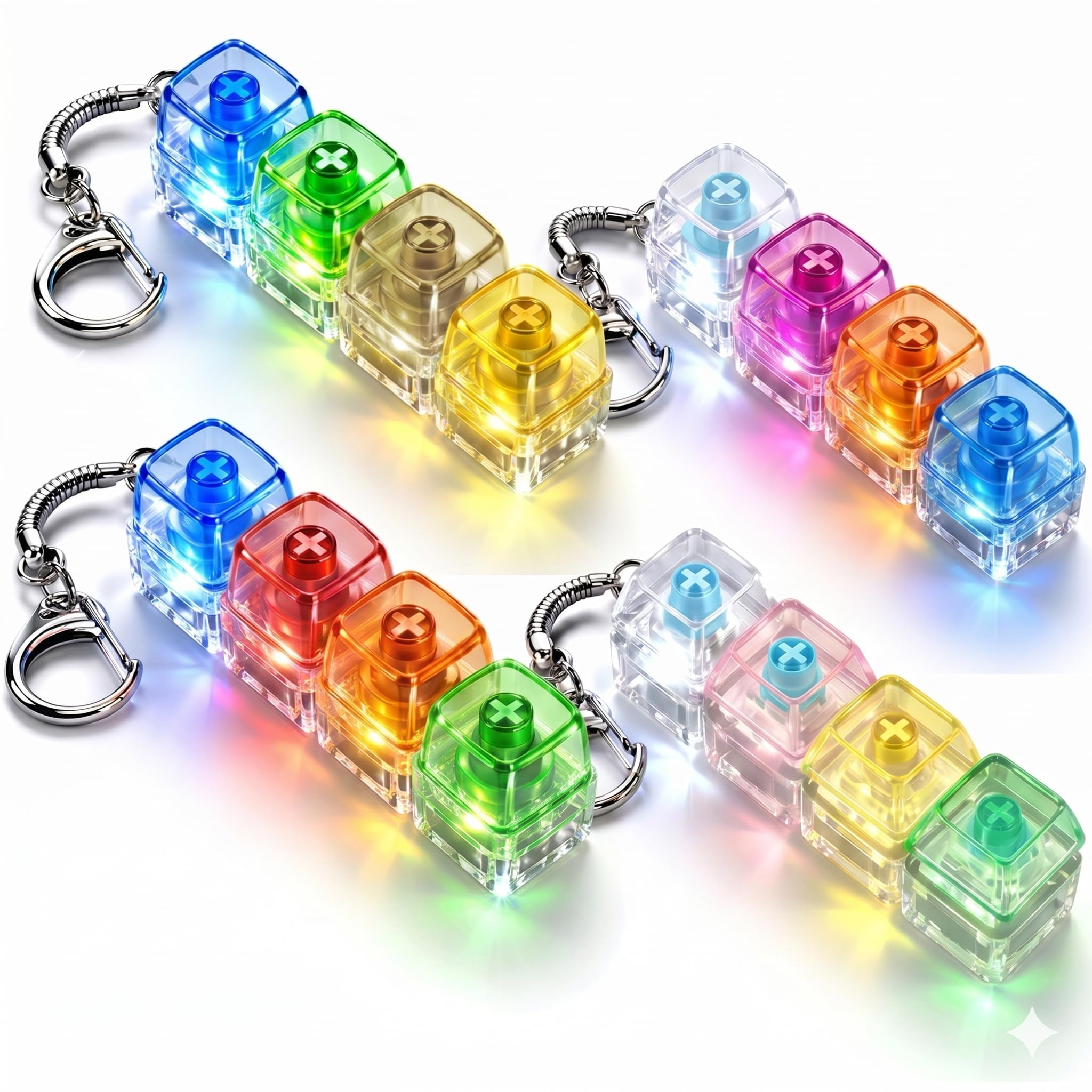 Porte-clés Fidget Clavier 4 Boutons – LED Lumineuses, Clic Mécanique, Anti-stress, Zinc, 2 Pièces