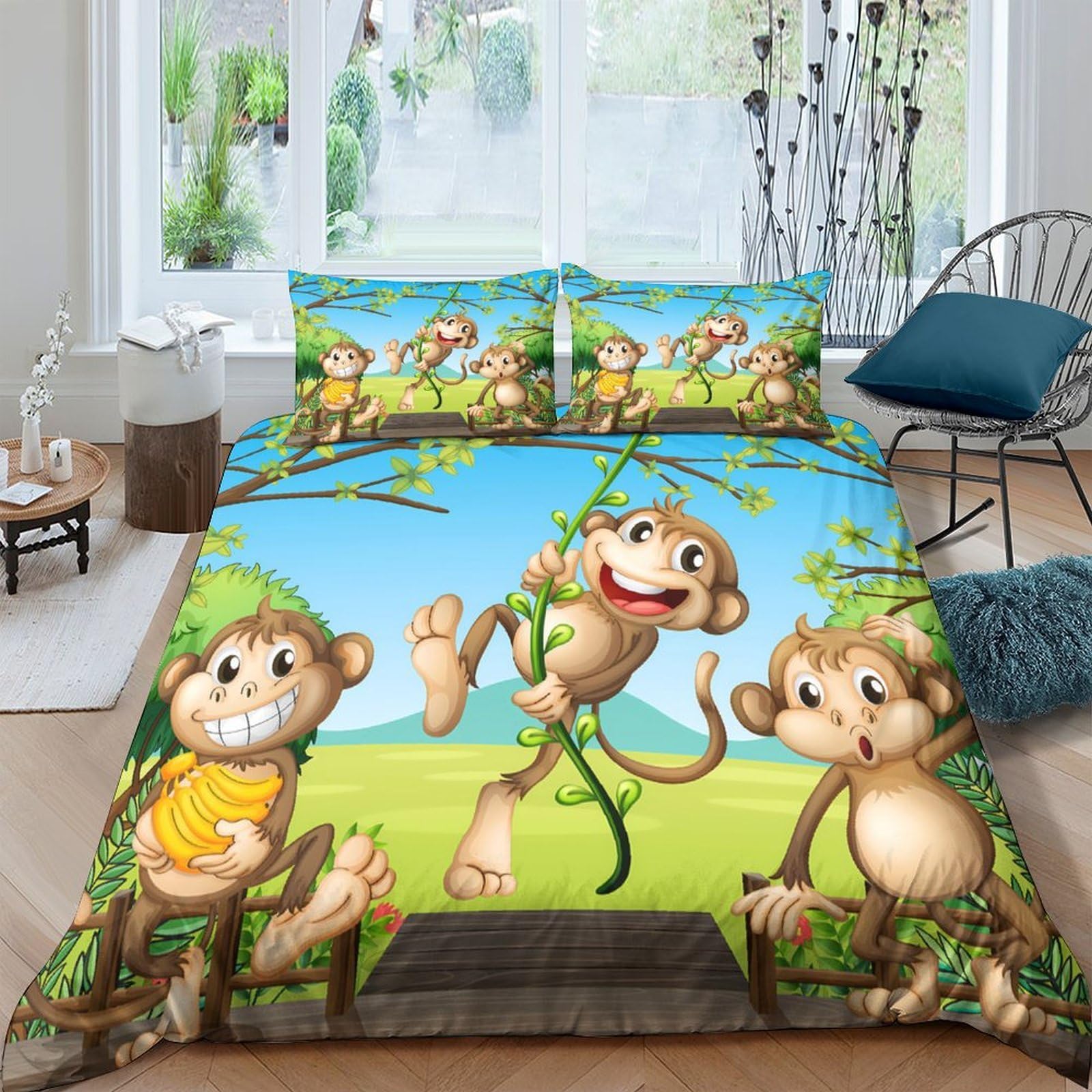 Ctjqhvkz Style-5 3D Printed Cartoon Monkey Fitted Sheet Microfiber Breathable Jungle Mattress Cover For Bedroom Guest Room Decor Single（135X200cm）
