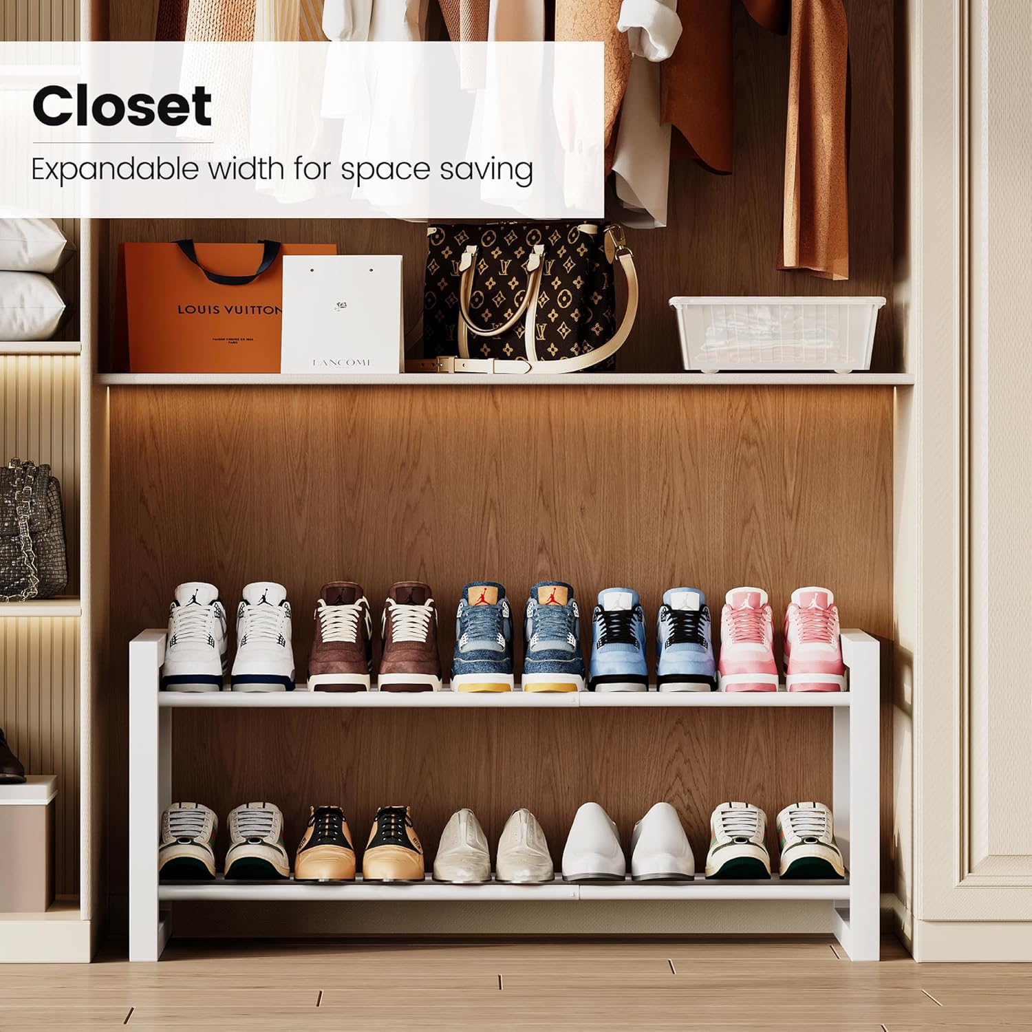 Homeiju Expandable Shoe Rack, 2 Tier Metal Shoe Shelf, Adjustable Shoe Stand for Sneakers, Boots, Heels, Heavy-Duty Steel Standing Shoe Organizer for Entryway, Closet, Bedroom, White
