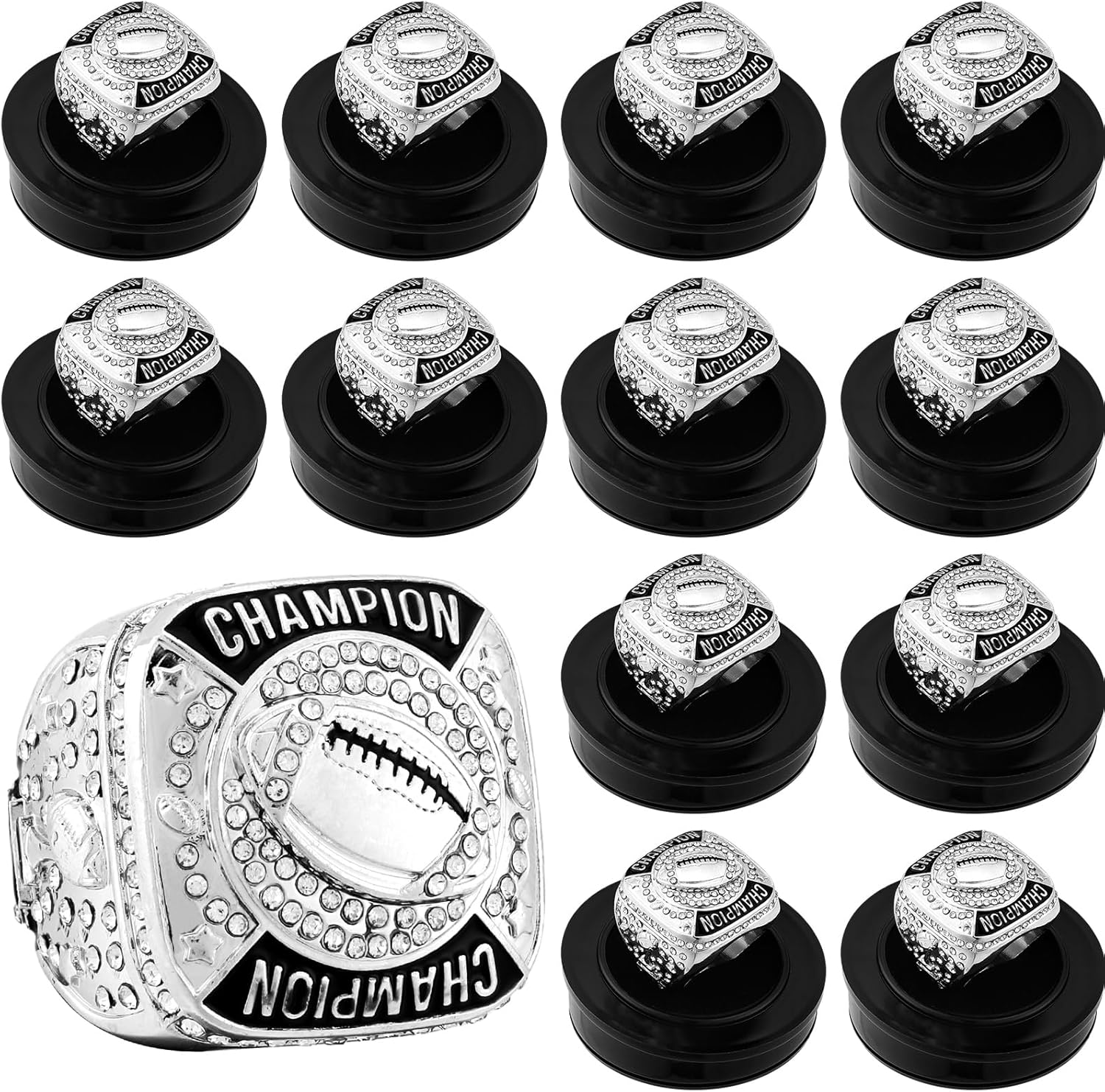 Landical 12 Pcs Football Championship Rings Ball Games Championship Trophy Rings Sport Ball Award Gift with Display Neck Chain and Stand for Tournament or Champion Winner