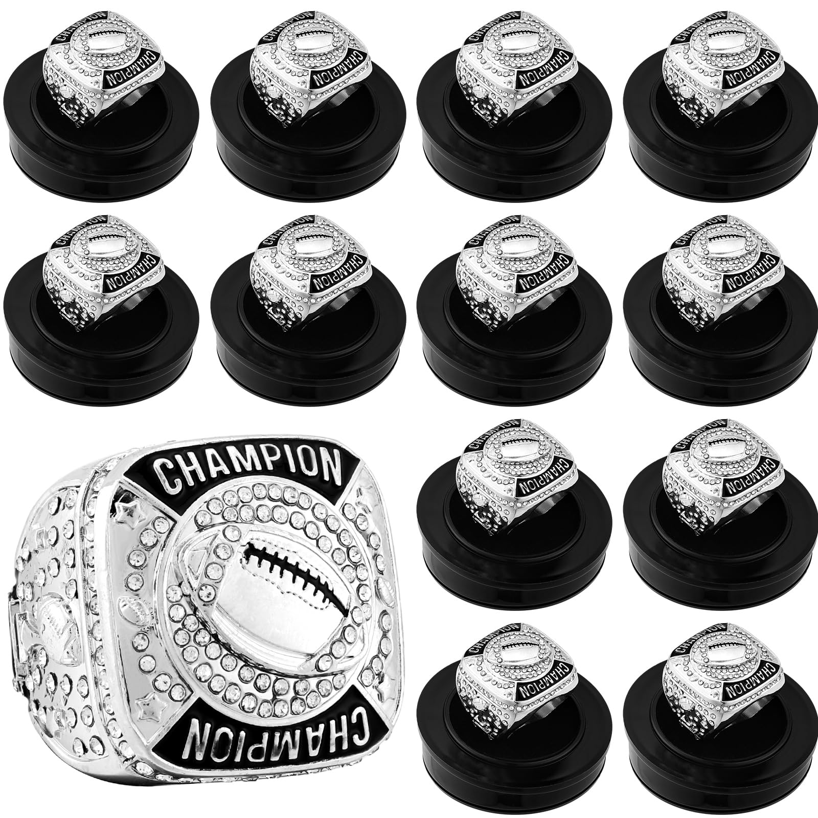 Landical 12 Stück Ringe Championship Trophäe Ringe Sport Ball Spiele Award Geschenk mit Display Hals Kette und Ständer für Turnier oder Liga Champion Gewinner