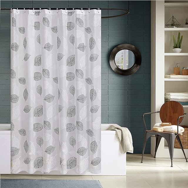 ZIMEL HOMES Shower Curtains Mould-free Mildew Resistant Bath Curtain with Stitched Steel Eyelets Waterproof Polyester Fabric Bathroom Curtains with 12 Hooks, 180 x 180 cm (Leaves Grey)