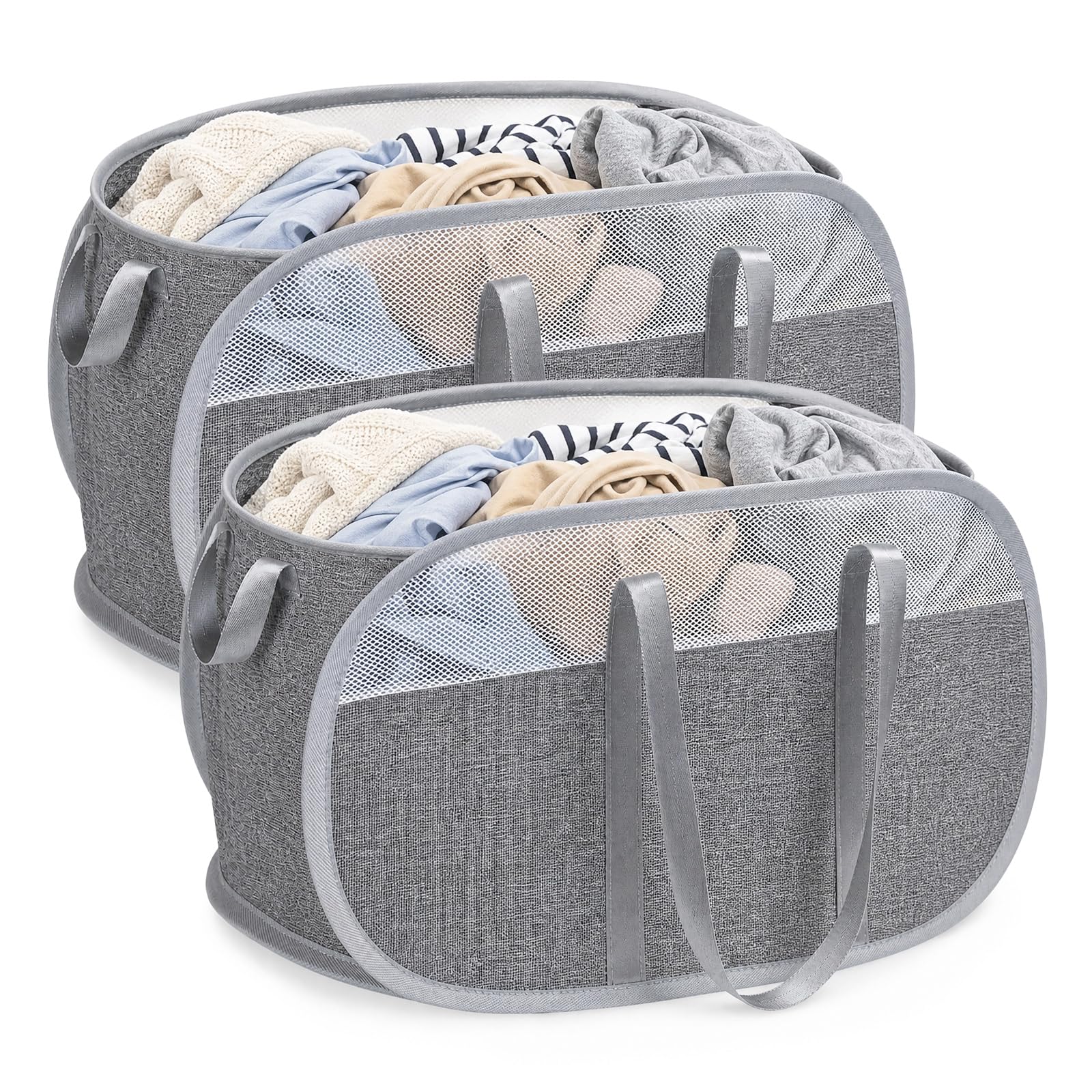 2 PCS Collapsible Laundry Baskets, Pop Up Mesh Laundry Basket with Handles & Shoulder Straps, 75L Large Foldable Laundry Hamper Mesh Washing Basket for University Dorms Laundrette Home 58x36x36cm-Grey