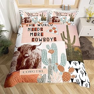 Western Cowboys Kids Duvet Cover Set Queen Size,Highland Cattle Cactus Bull Skull Bedding Set,Girls Boys Adults Bedroom Decor,Geometric Patchwork Comforter Cover,Rustic Quilt Cover,2 Pillowcases