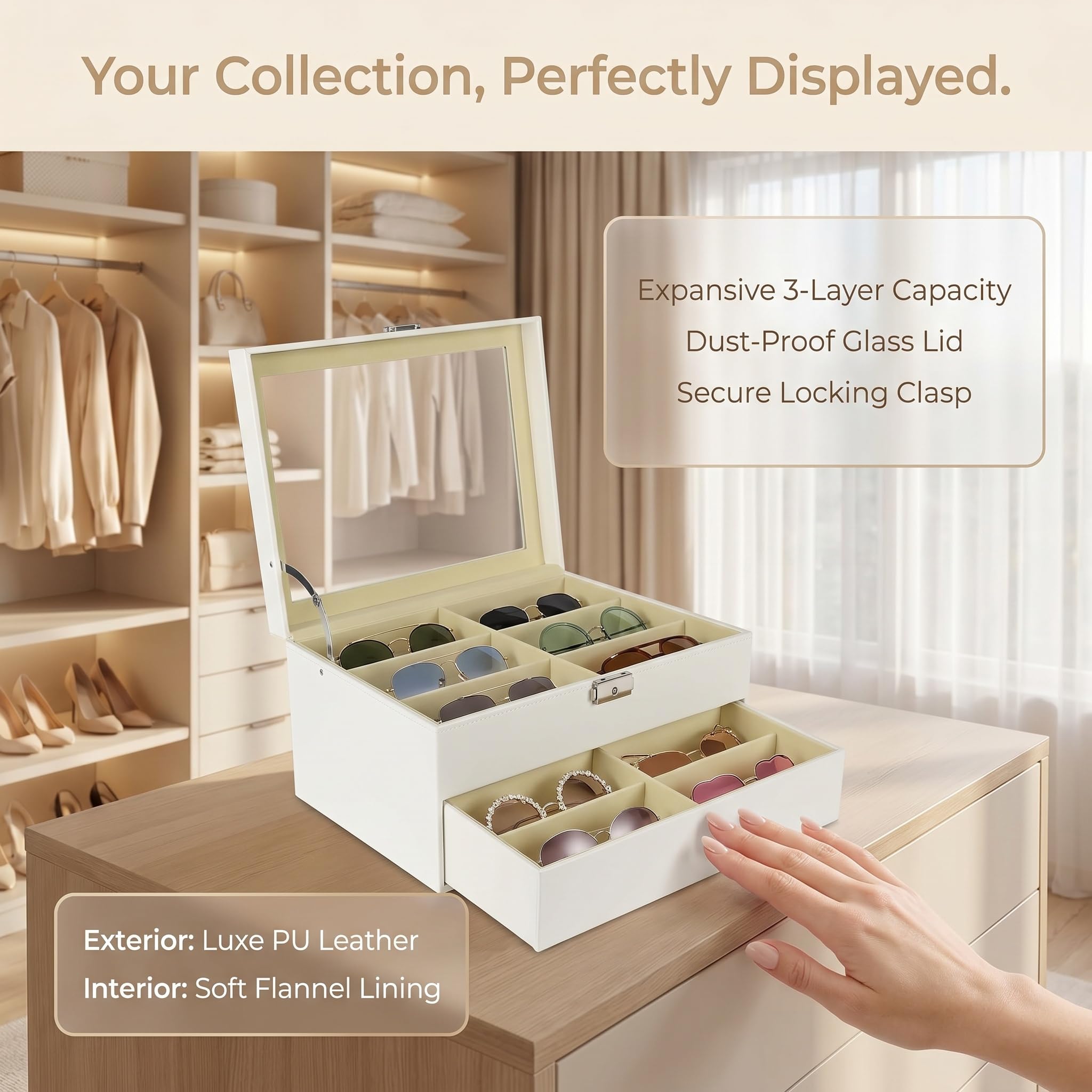Estuche Expositor Blanco De 3 Capas para Gafas, Organizador De Gafas De Sol De Piel Sintética con 24 Ranuras, Elegante Estuche para Guardar Gafas para Hombres Y Mujeres, Caja