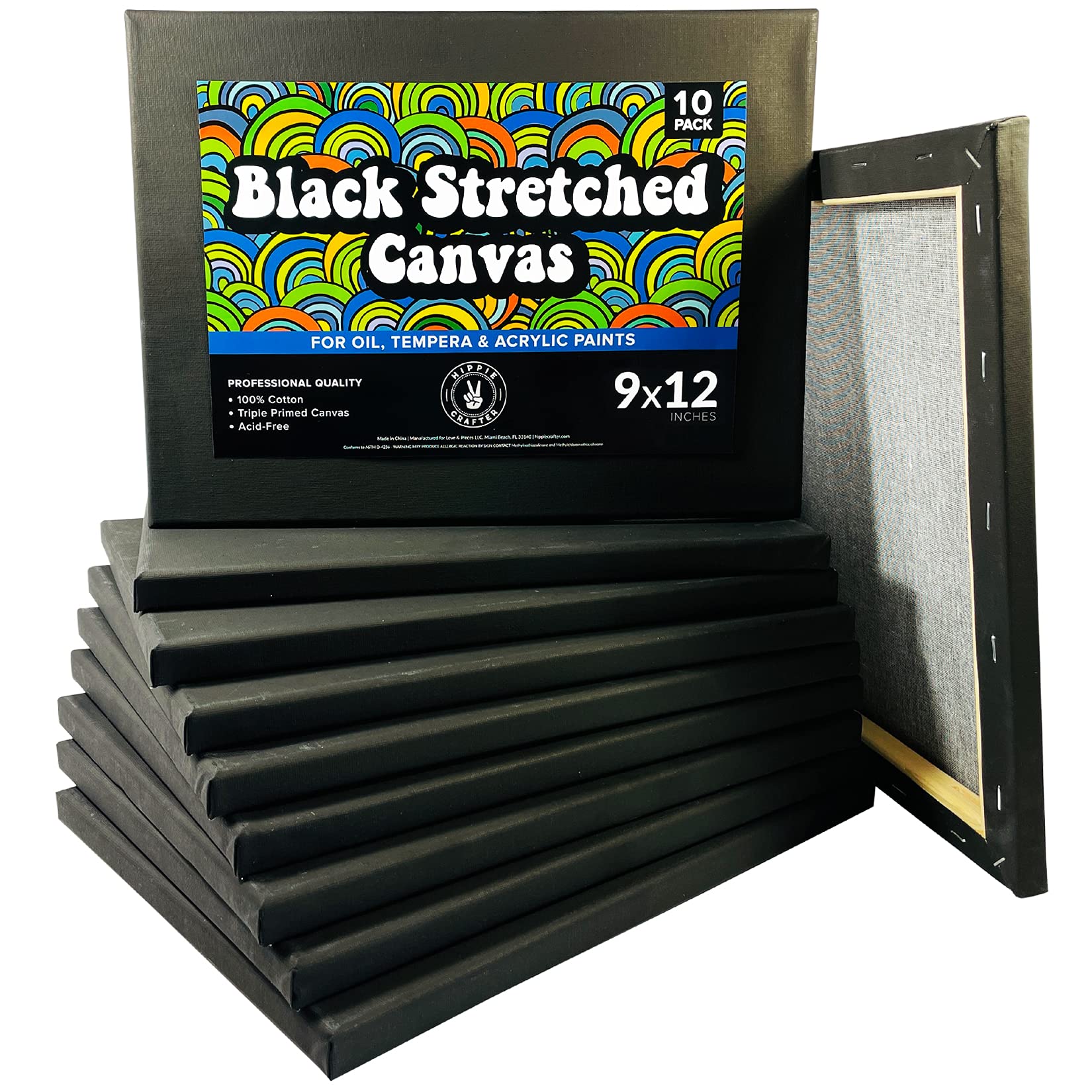 Stretched Black Canvas for Painting, 10 Pack 9x12 Blank Canvases, Gesso Primed, Ideal for Oil, Acrylic, and Watercolor Art, Perfect for Artists and Painting Projects