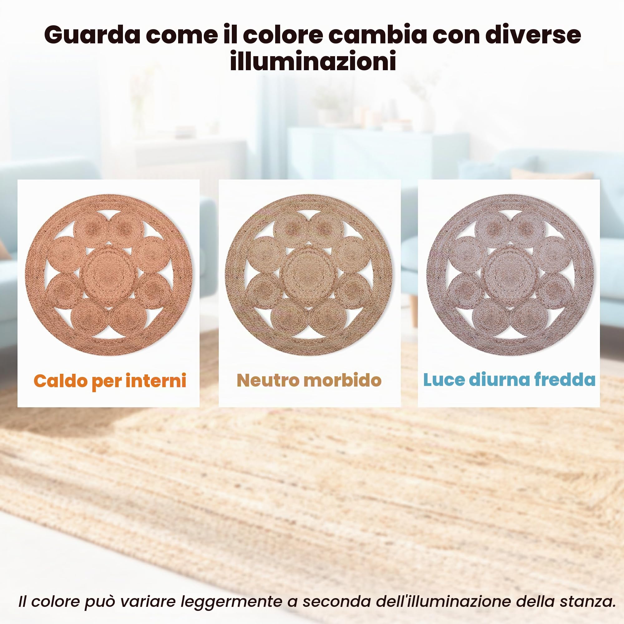 Craft Trade Naturale Lavabile Boho Fiore Tappeto in Iuta Intrecciato a Mano Reversibile Rotondo Tappeto di Juta per Cucina Soggiorno e camera da Letto- 120 cm
