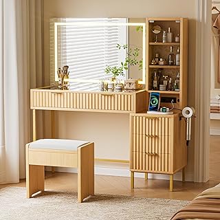 EOYUTLLY 48" Fluted Makeup Vanity Desk with 36" Mirror and Light,Glass Top Wooden Vanity Table with Charging Station,5 Drawers, 3 Adjustable Shelves & 3 Color Lighting Mode, Bedroom Dressing Table,Oak