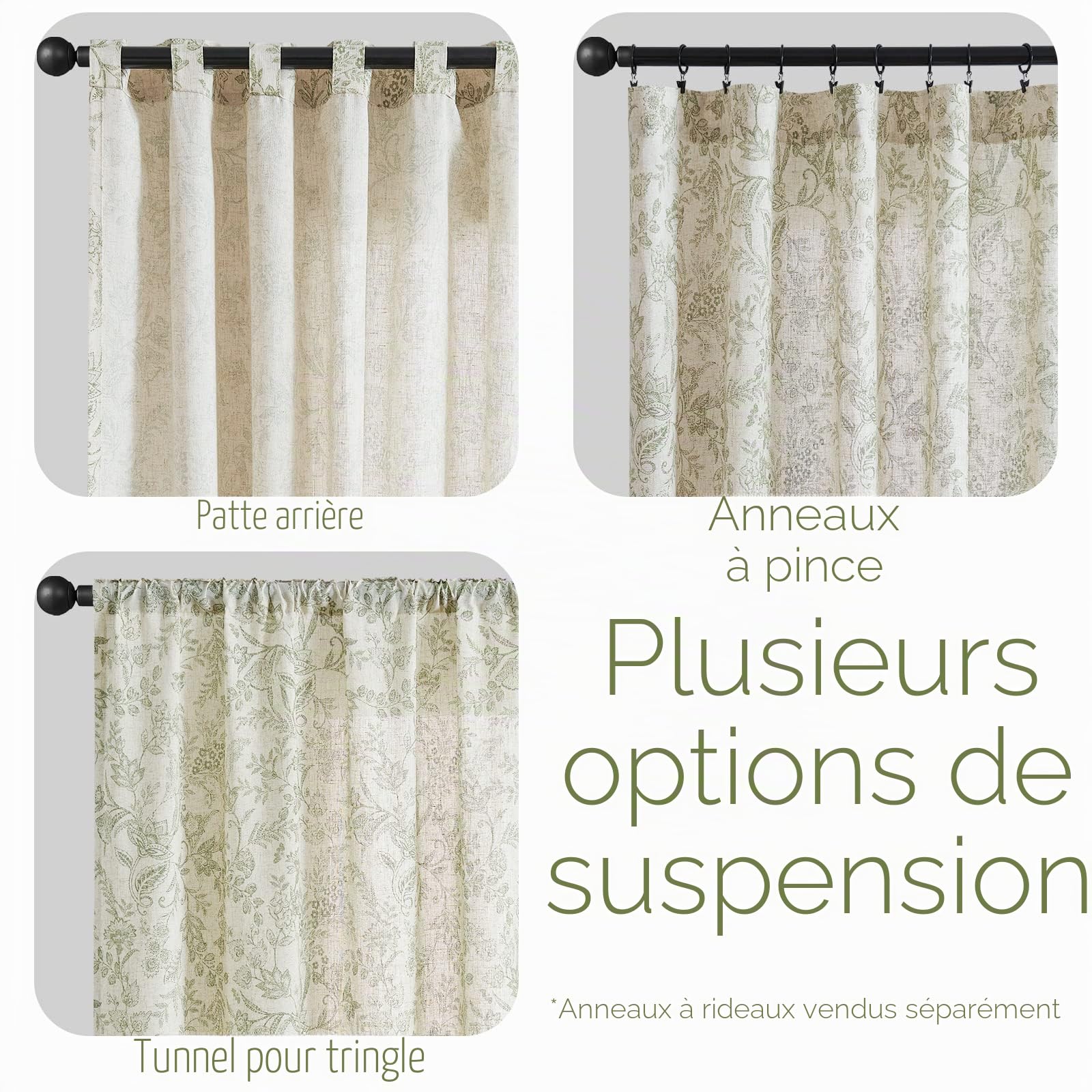 Lazzzy Lot de 2 Panneaux de Rideaux en Lin Semi-Transparents à imprimé Floral Vert Rustique de 213,4 cm de Long avec Pattes arrière pour Salon, Chambre à Coucher – Rideaux rétro campagnards avec