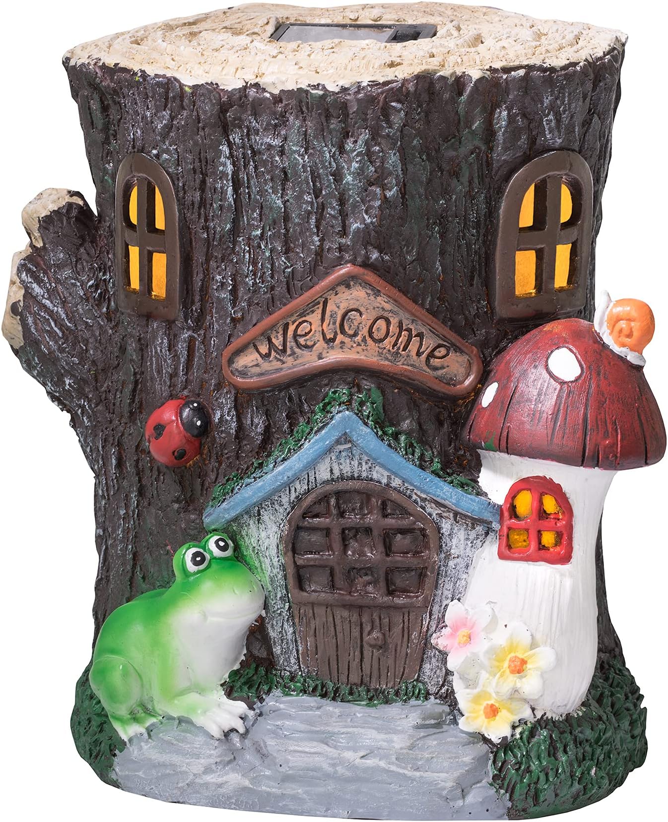GloBrite Solar Garden Ornaments Outdoor - Welcome Illuminated Wooden Pile House Garden Statues, Waterproof Resin Dwelling Ornament for Yard Lawn Garden Decorations and Gift