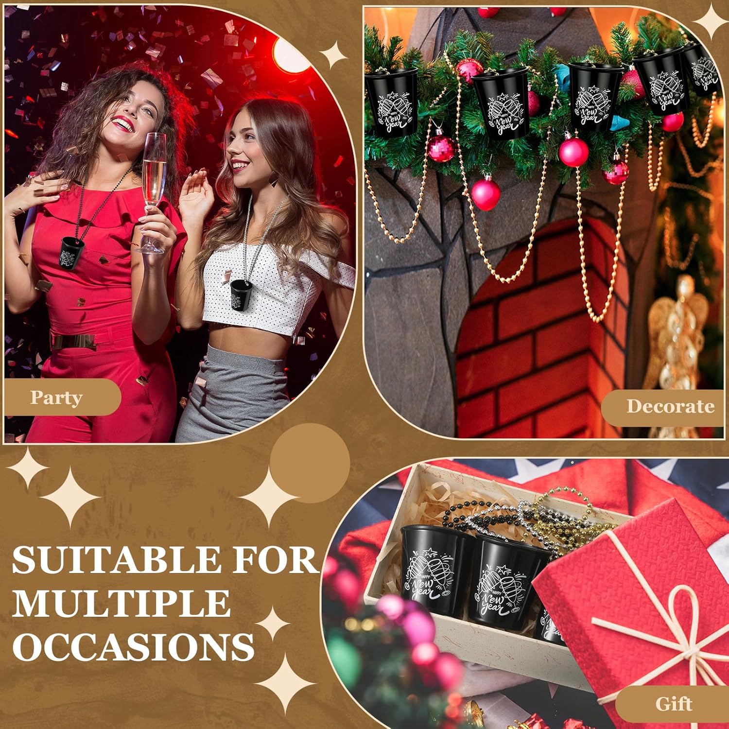 Quelay 36 Pcs Happy New Year Shot Glass Necklace Plastic Beads Shot Necklace Cups Gold Black Silver decoration for Women Men New Years Party Supplies