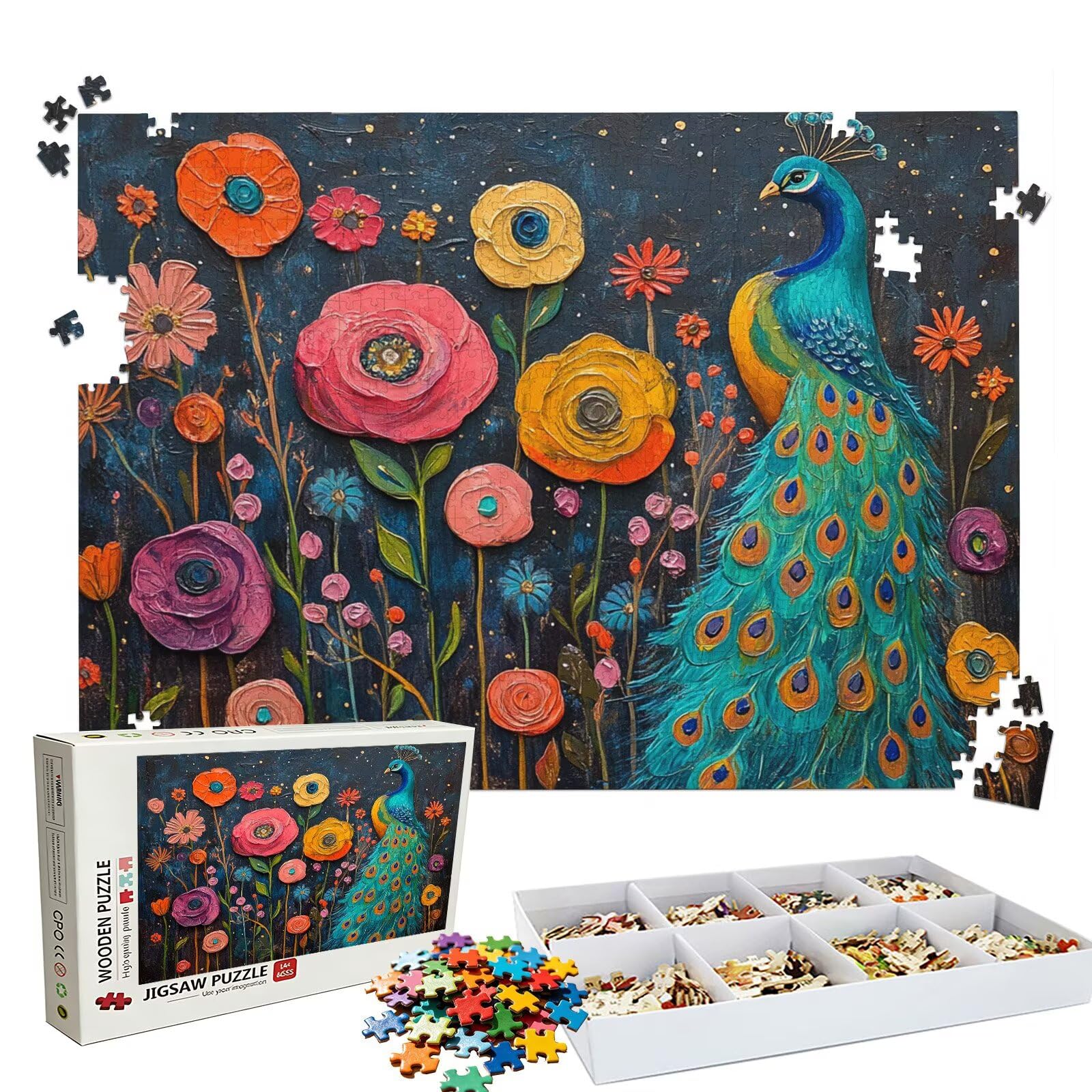 Puzzle 1000 elementów, puzzle 1000 elementów dla dorosłych, trudne puzzle, druk w wysokiej rozdzielczości i jasne kolory, drewniane puzzle paw kwietnik z wykwintnym pudełkiem do pakowania W3H-959