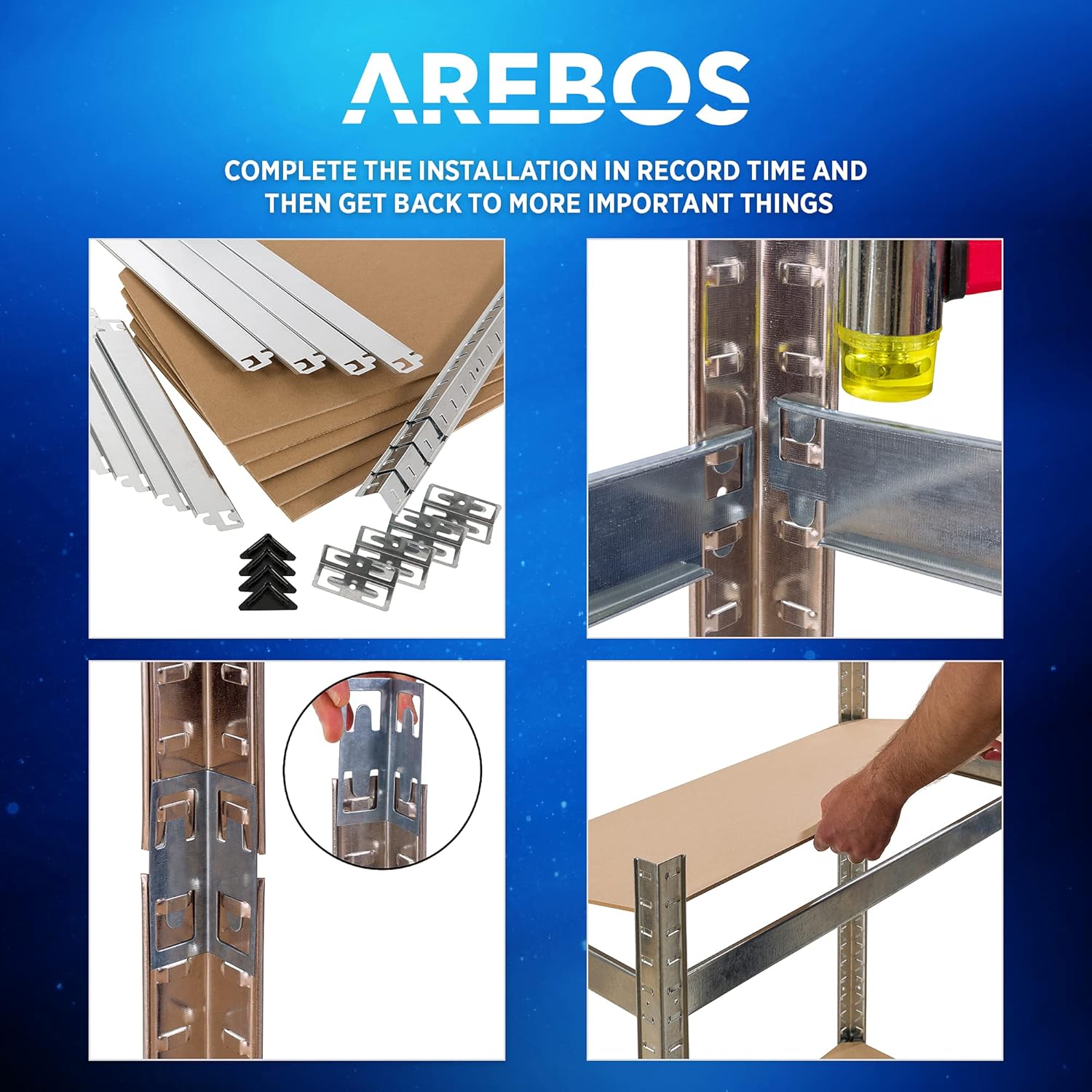 Close-up images showing the slot-in assembly mechanism of the Arebos shelving unit, including connecting uprights and placing shelves.