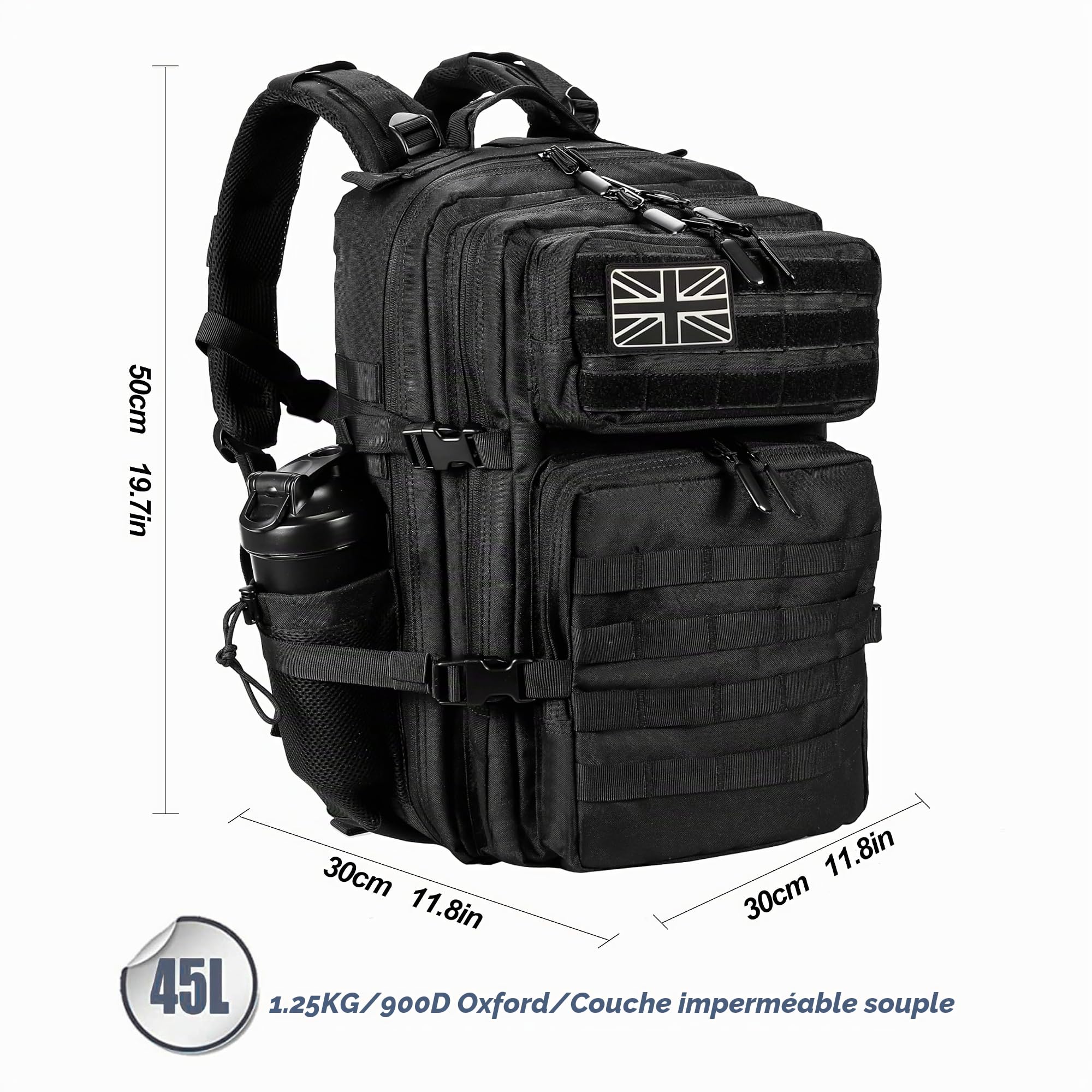 LHI Sac à dos tactique militaire pour homme et femme 45 l Grand sac à dos imperméable pour l'école, la randonnée, le trekking, la chasse