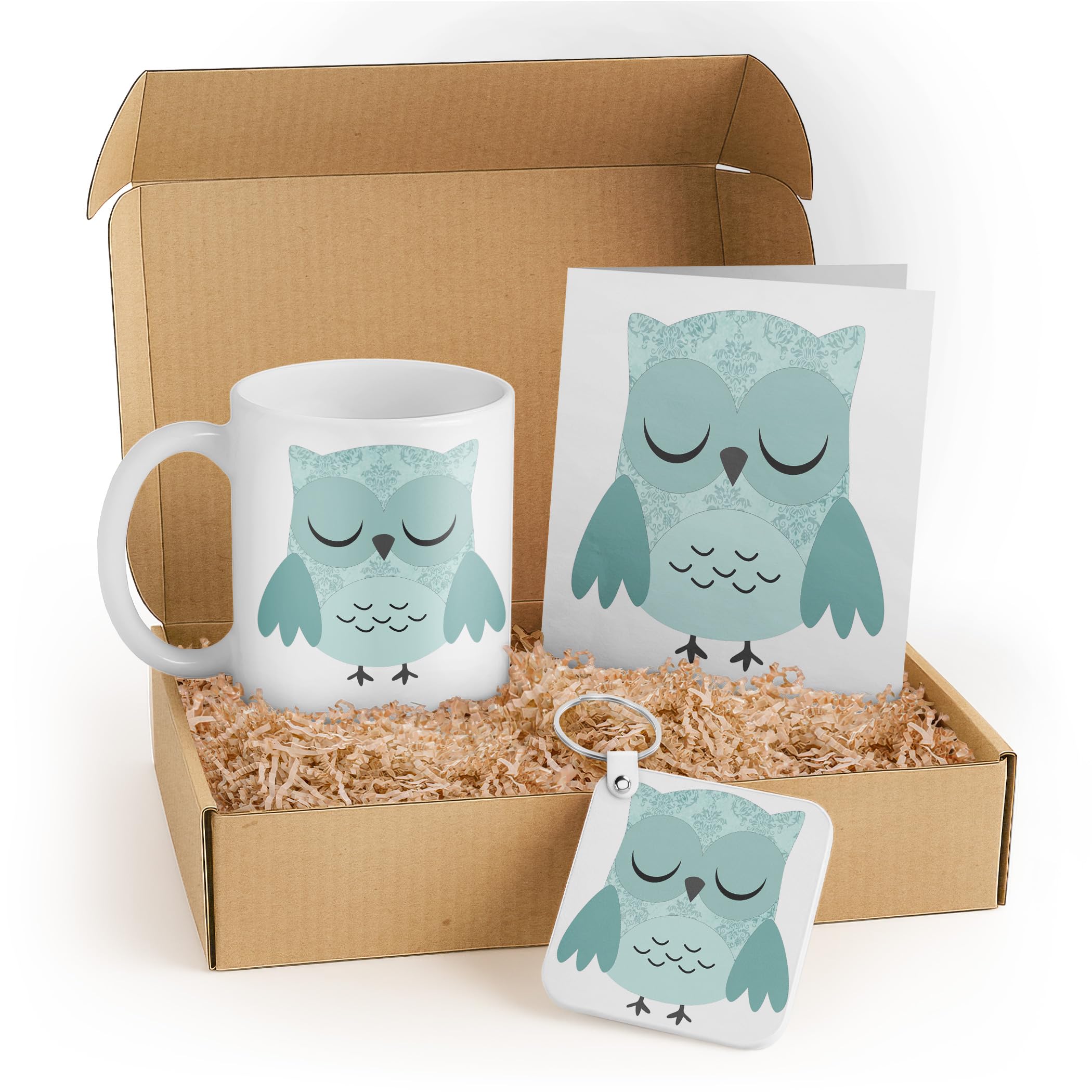 3dRose Cute Owl Gift Set for Kids - Mug, Card, and Keychain - Adorable Blue Owl Design - Perfect for Birthdays and Animal Lovers