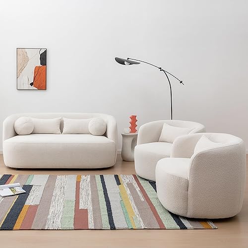 Miniatura 9 de KINWELL Juego de 2 sillas giratorias de barril Boucle de 34 pulgadas de ancho, sin montaje, sillones tapizados redondos, sillas decorativas, sofá