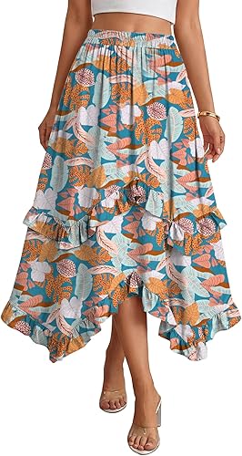 KIFOVEN Women's High Waisted Tiered Ruffle Skirt Boho Western Flowy A-Line Maxi 
