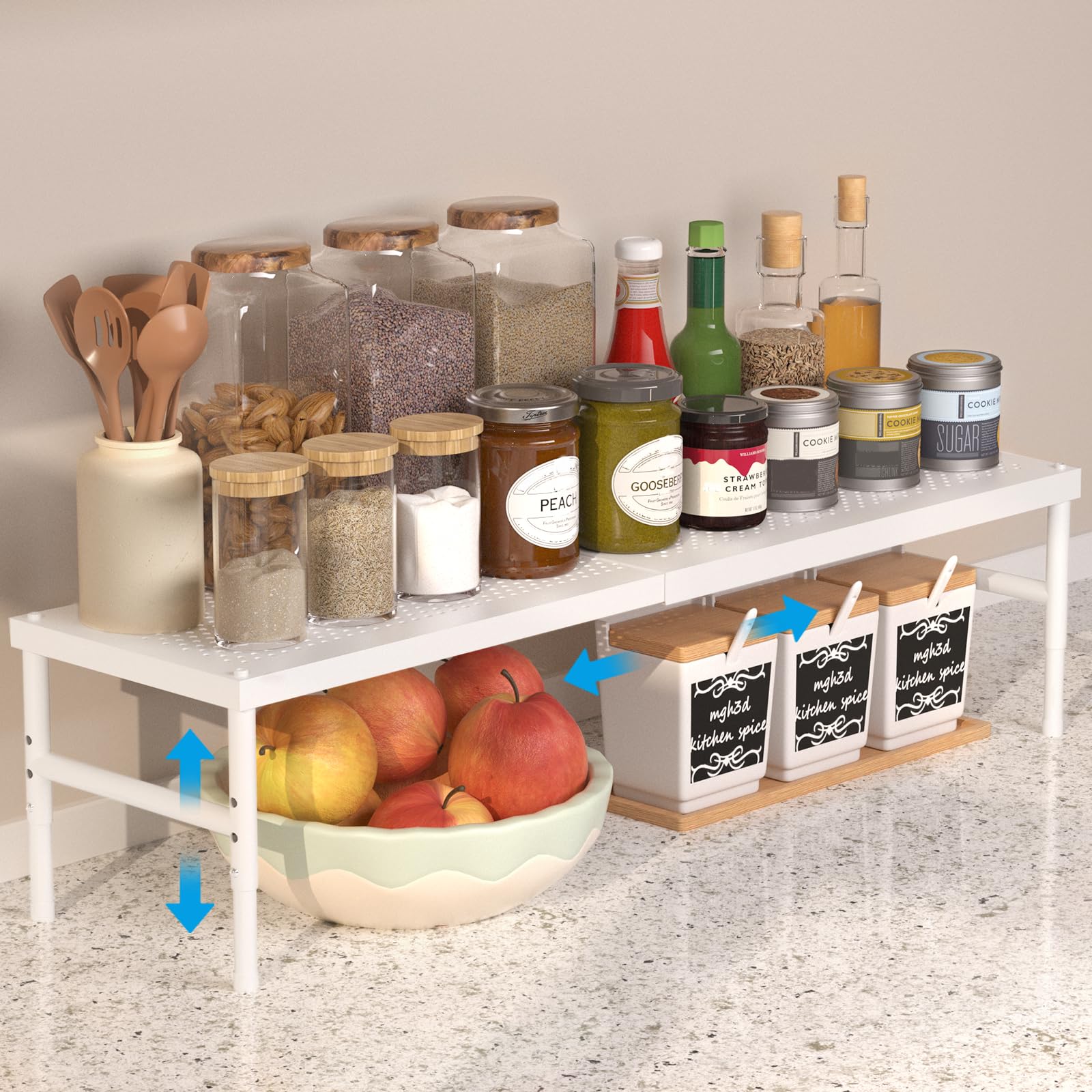 HI NINGER 72cm Erweiterbares Schrankregal, Küchengewürzregal, Verstellbares & Stapelbares Küchenregal Organizer, für Küchenschrank und Speisekammer, Passend für Arbeitsplatten Verschiedener（Weiß）