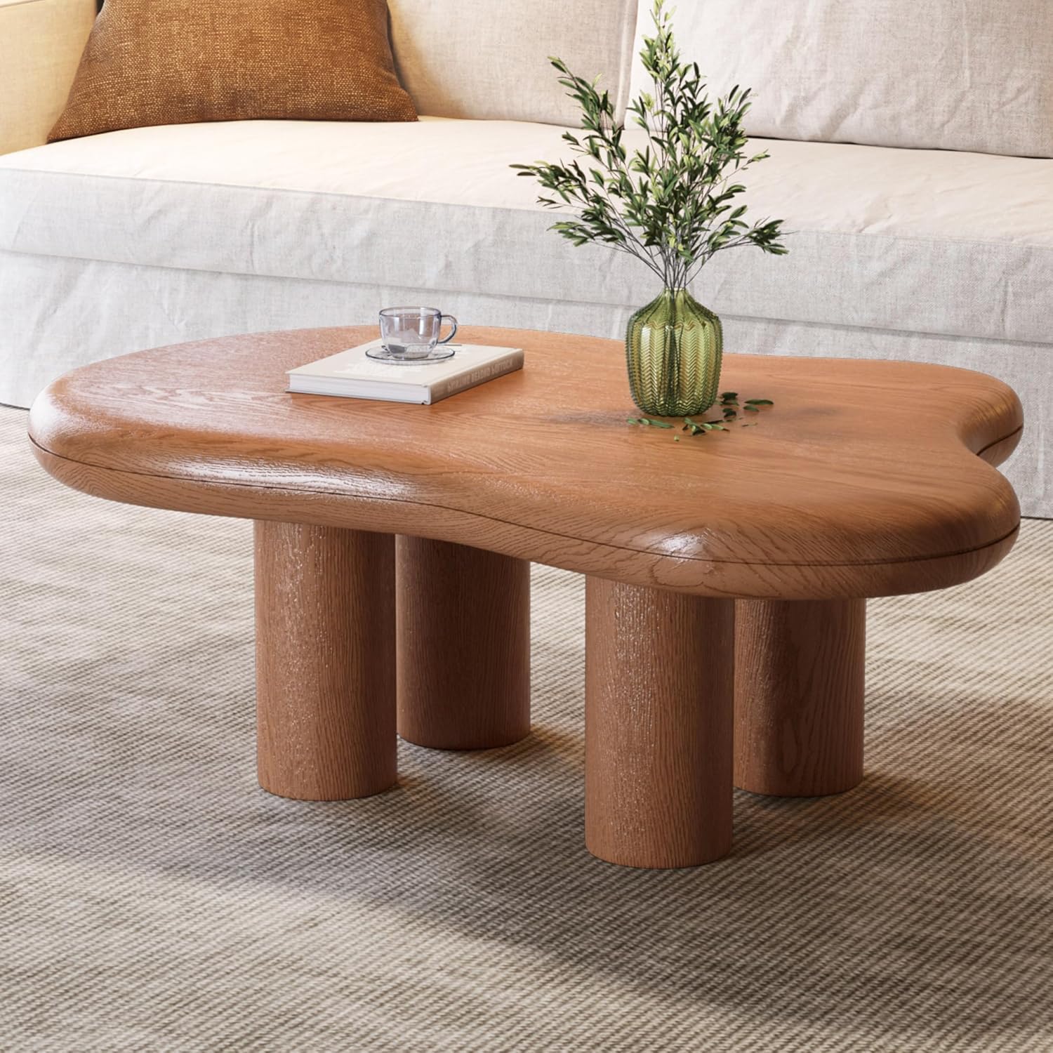 Walnut Cloud Coffee Table, 35.43" Modern Farmhouse Wood Center Table with 4 Legs, Cool Accent Tea Table for Small Space Living Room or Office, Easy Assembly