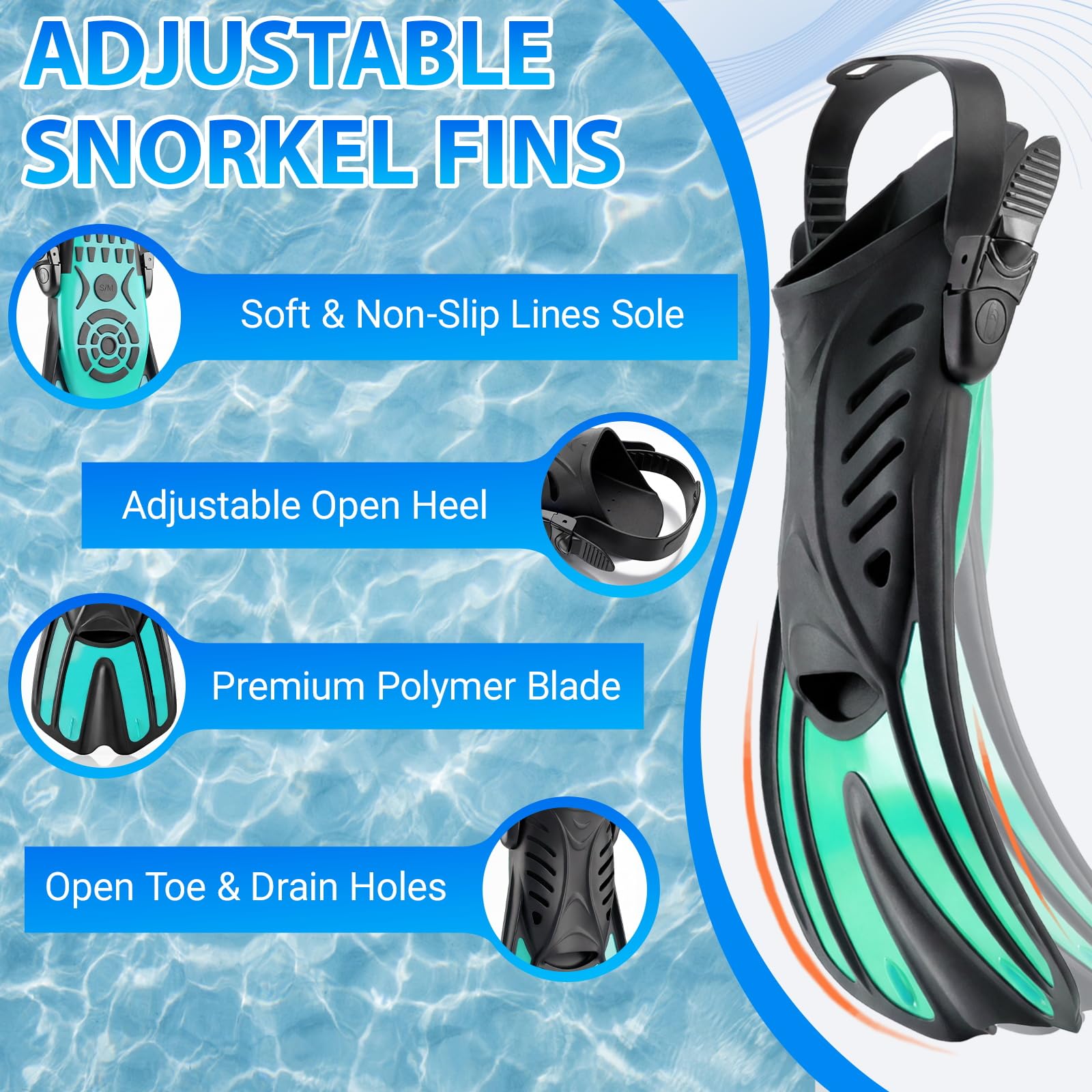 Sprzęt do nurkowania dla dzieci i dorosłych, zestaw płetw 4 w 1 z 3 maskami do snorkelingu na okno, rurka sucha, regulowane krótkie płetwy i torba siatkowa, ochrona przed wyciekiem i