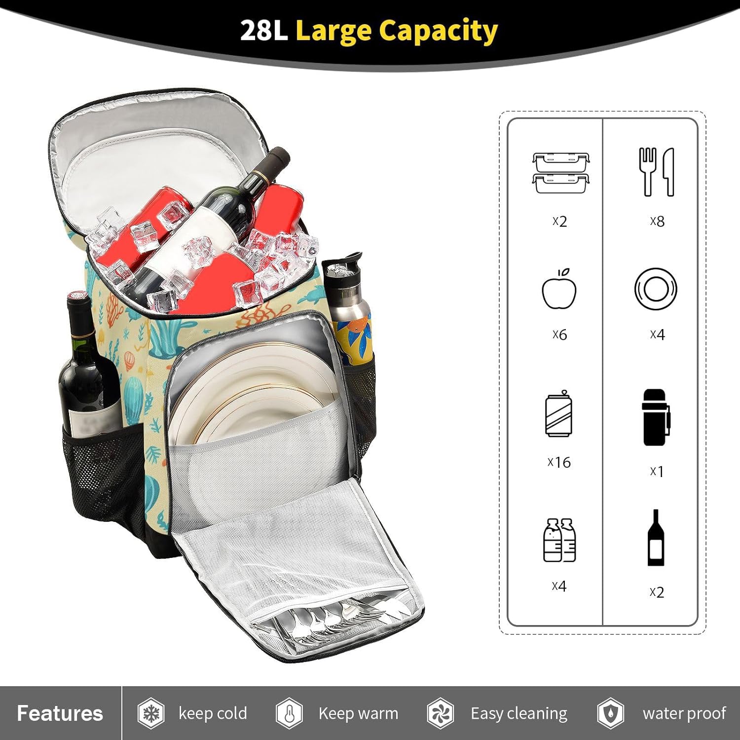 Ocean Life Pattern Cooler Backpack 36 Cans Leakproof Waterproof Backpack Cooler Bag Beach Accessories Travel Camping Fishing Backpack for Women Men