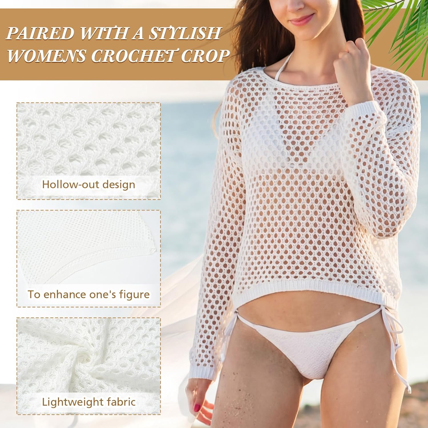 Cuffbow Women's Crochet Crop Top Beach Swimsuit Cover up Long Sleeve Hollow Out Knit Shrug Sheer Mesh Layering Top Cover Ups for Casual, Beach & Daily Outfits White - Image 4