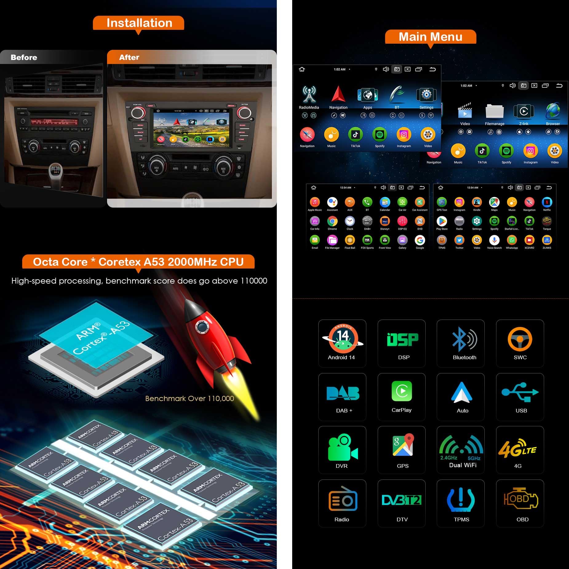 Erisin 8 Kern Android 14 DAB+ Autoradio 4GB+64GB Bluetooth Für BMW 3er E90 E91 E92 E93 M3 mit GPS Navigation Unterstützt Drahtloses CarPlay Android Auto WiFi 4G DSP USB FM RDS Radio 7 Zoll Bildschirm