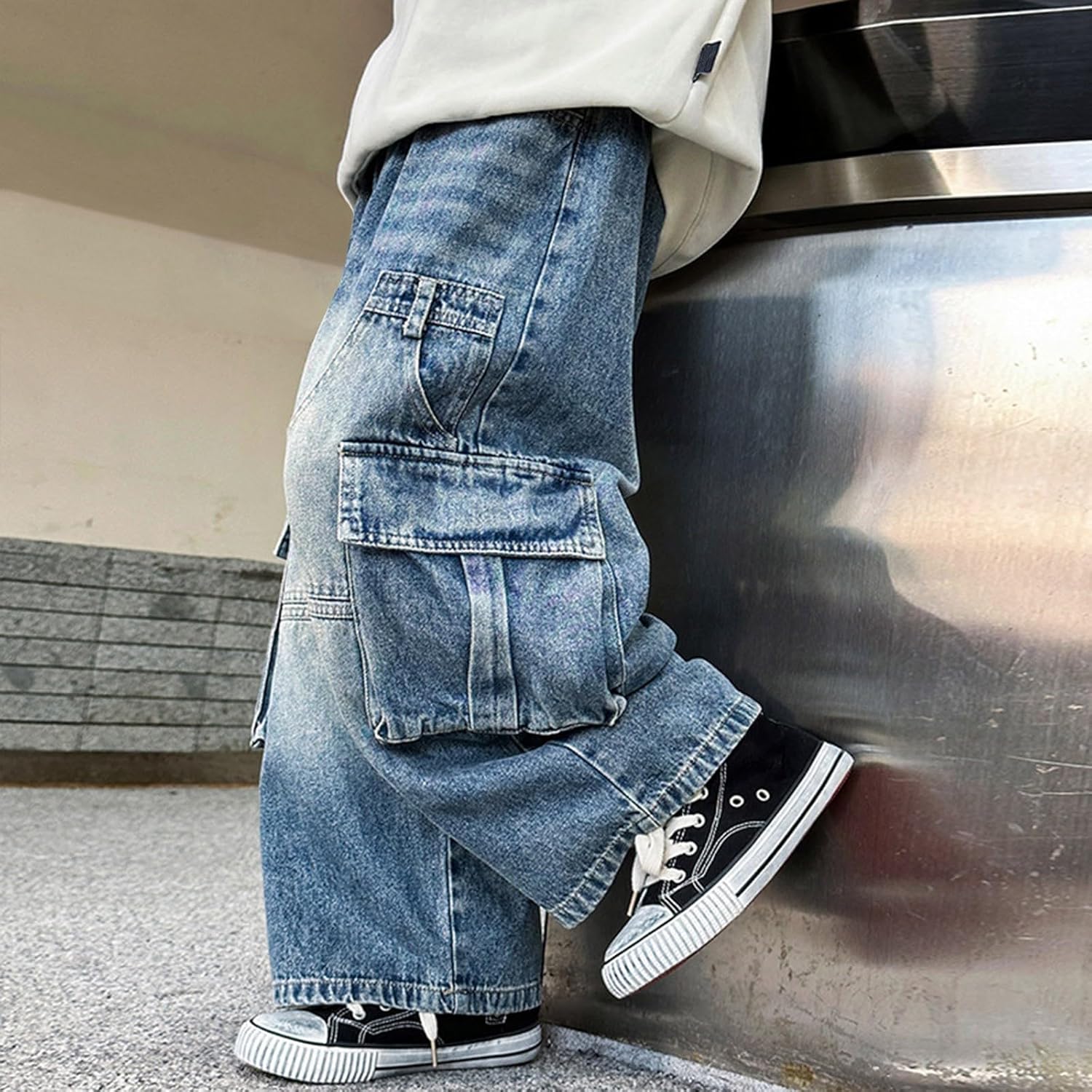 Girls Boys Y2k Streetwear Wide-Leg Jeans Pants Cool Hip Pop Trendy Straight Denim Trousers Zipper Pocket Baggy Cargo Pants