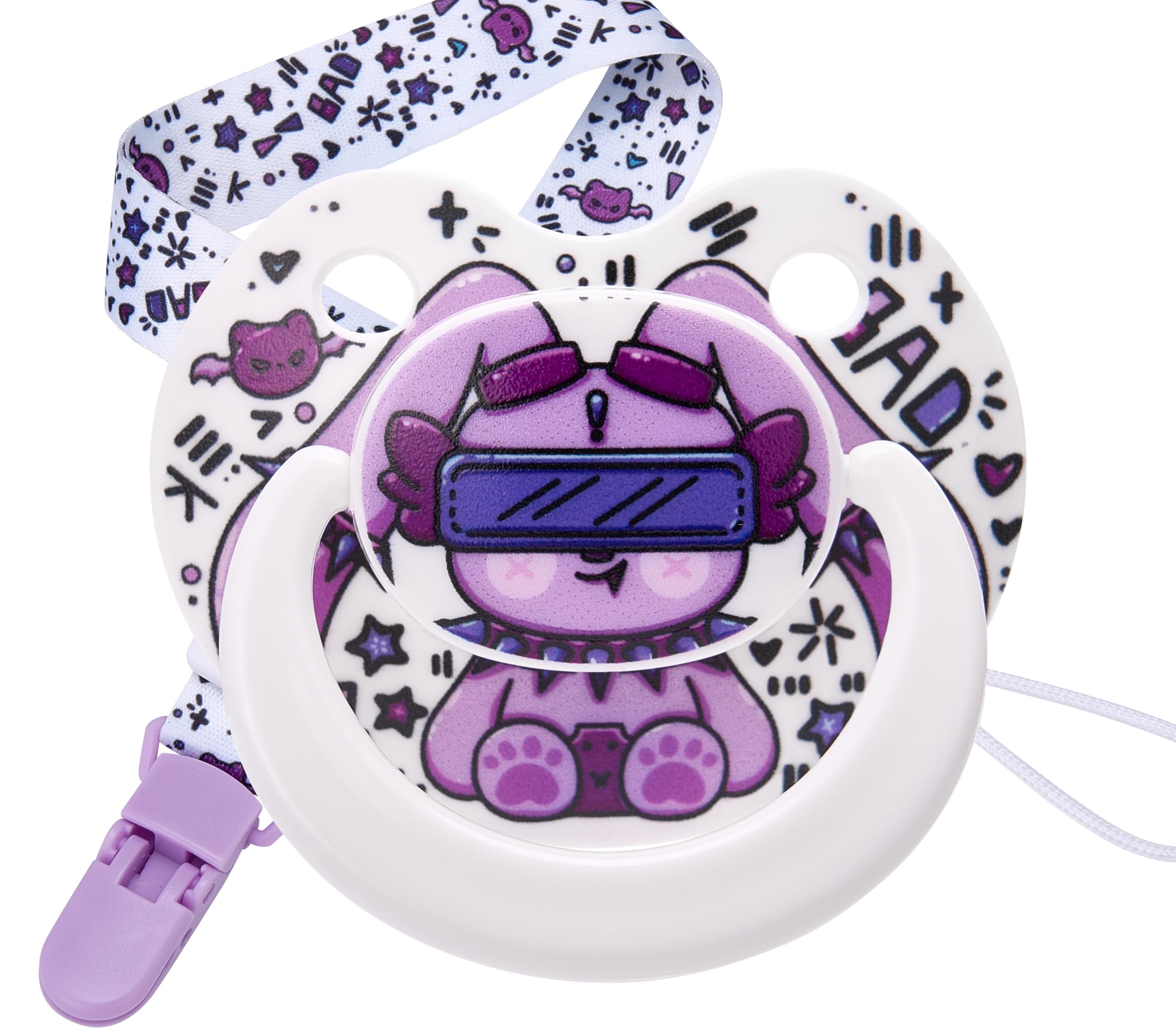 Somniumnight Cute Adult Size Pacifier: Large Shield Paci for Anxiety with Bats Clip - Bad Rock Bunny Big Binky for Autism with Case - Rabbit Soft Silicone Nipple for Sleep