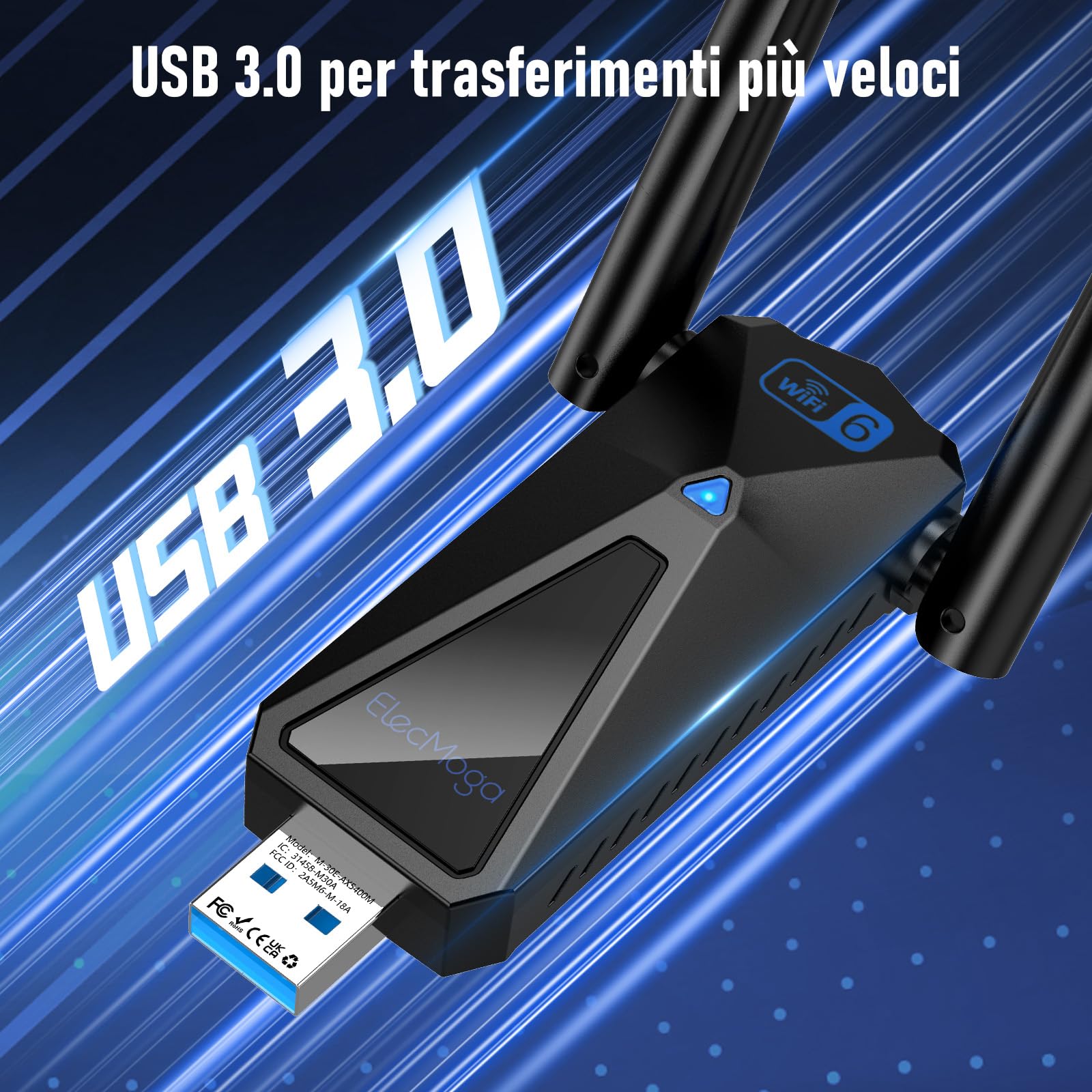 ElecMoga Chiavetta WiFi AX5400 USB Dual Band Adattatore USB WiFi 6, Antenna Dual 2dBi, 5400Mbps, Plug & Play per Windows 10/11, Desktop PC Fisso, Chiavetta WiFi USB 5GHz/2.4GHz/6GHz