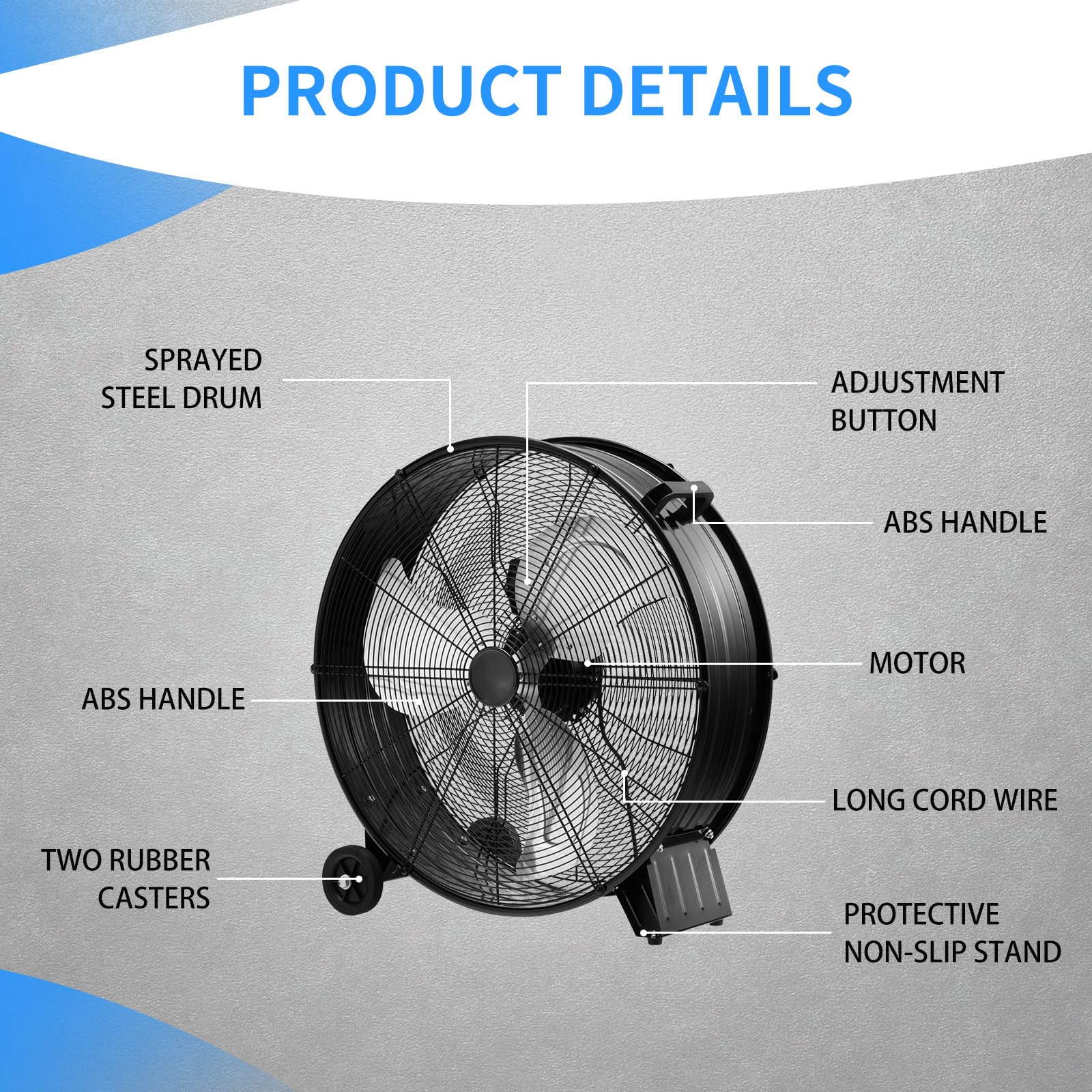 SOARS Ø60 cm Bodenventilator mit Rollen, Mobile Windmaschine mit 3 Windgeschwindigkeiten, Ventilator Metall Industriell, Standventilator für Lager, Werkstatt, Keller (Schwarz)