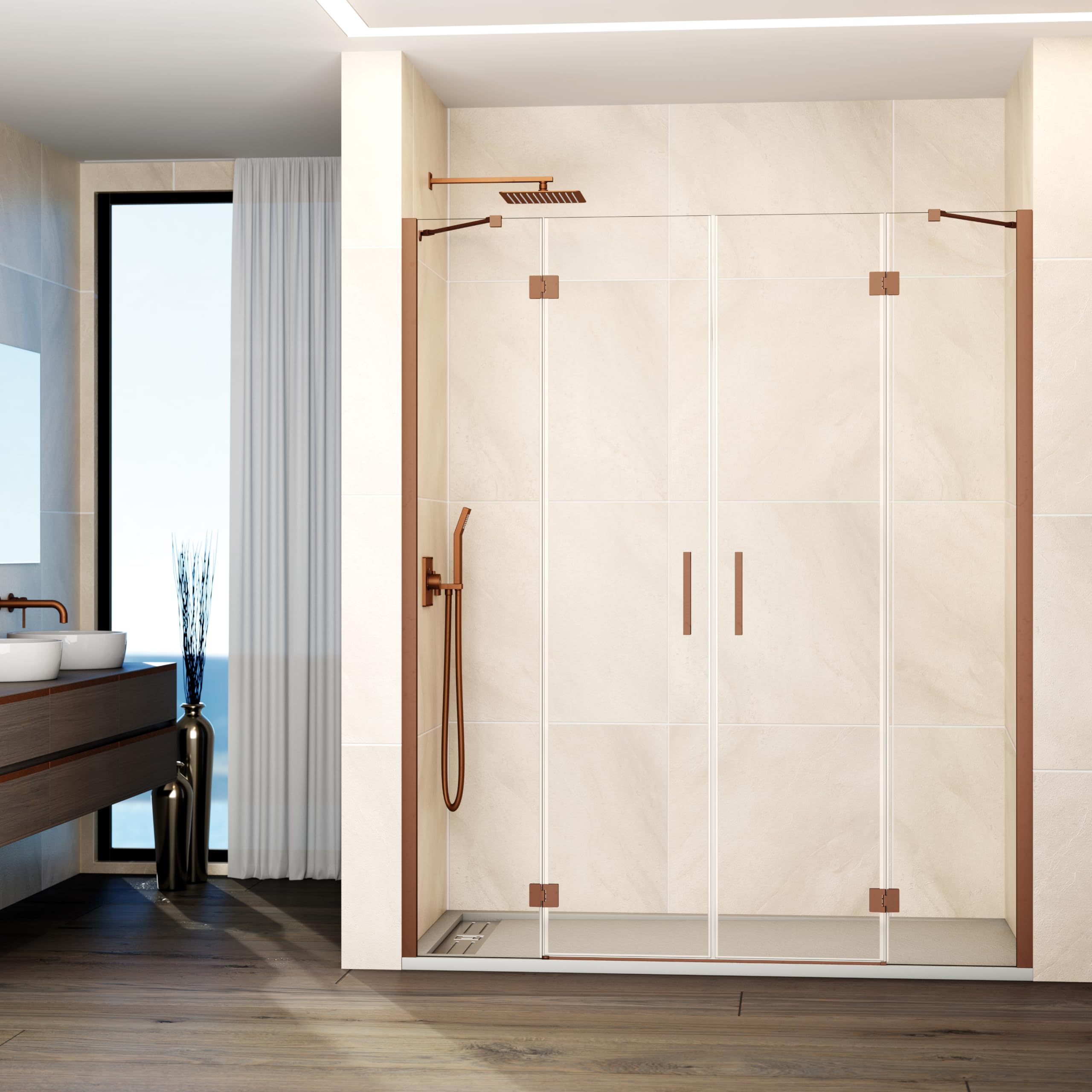 GME - Mampara Ducha Frontal 2 Puertas Fijas + 2 Correderas 235cm Oro Rosa | Mampara de Cristal con Perfilería de Aluminio y 195cm de Altura | Cristal Templado 6mm Antical Y Cierre Magnético