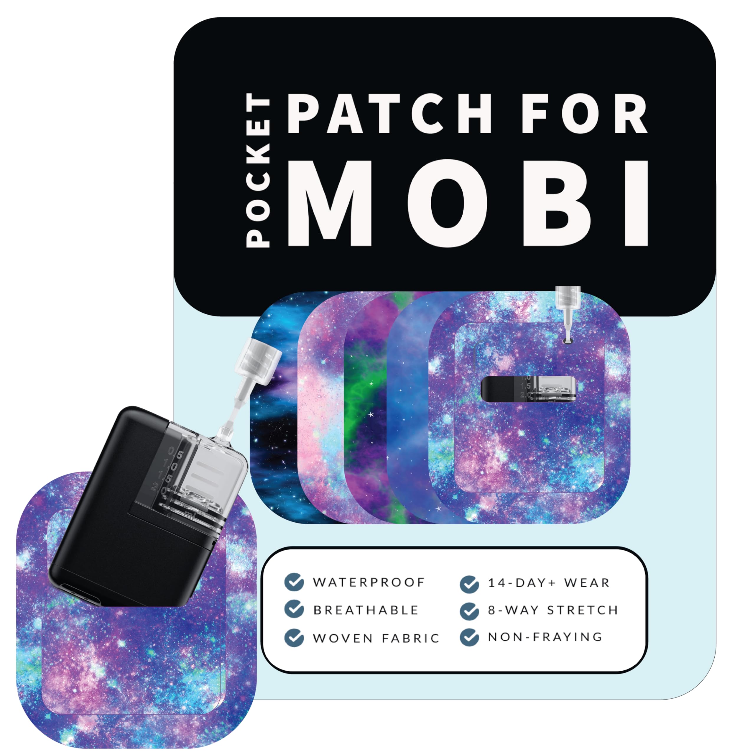 Glucomart Adhesive Pocket for Mobi (5 Count) – Maximum Strength Patches for Wearing Mobi Insulin Pump, Waterproof & Hypoallergenic (Galaxy Variety