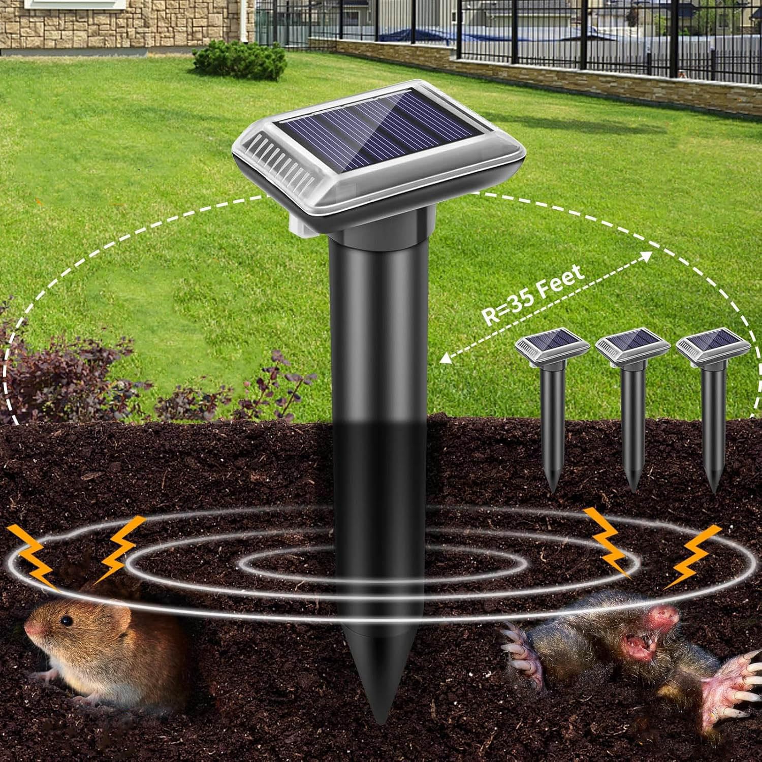 Maulwurf Vertreiber Testsieger Solar Maulwurfschreck für Mäuse [4er Pack] | IP65 Wasserdicht Ultraschall Vibrations Maulwurfschreck gegen Maulwürfe und Wühlmäuse für Garten und Rasen