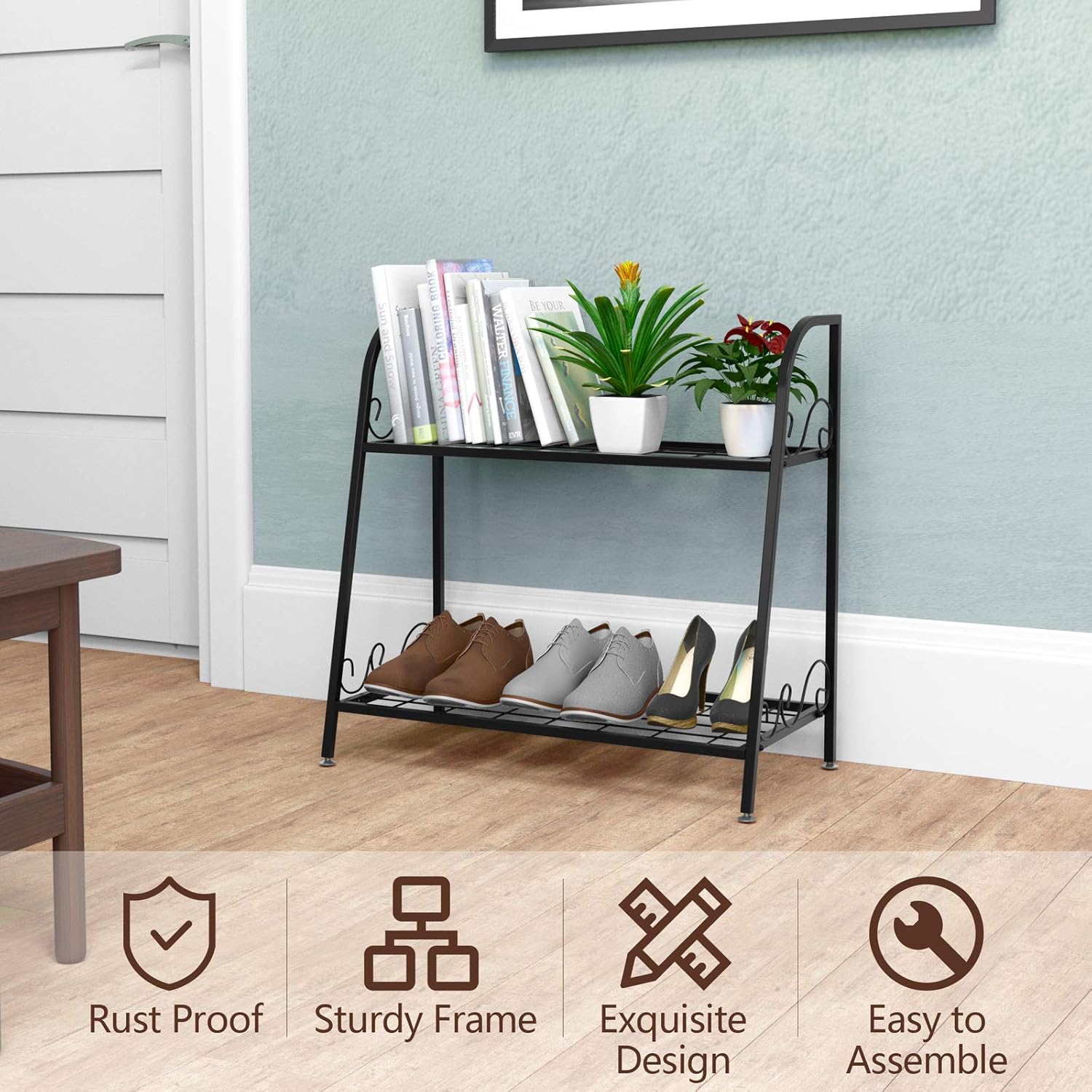 Giantex 2 Tier Metal Plant Stand, Indoor Outdoor Plant Shelf, Flower Rack Display Shelf, Flower Pots Holder with Adjustable Feet for Garden, Balcony, Living Room (2-tier (25'' x 12'' x 24.5''))