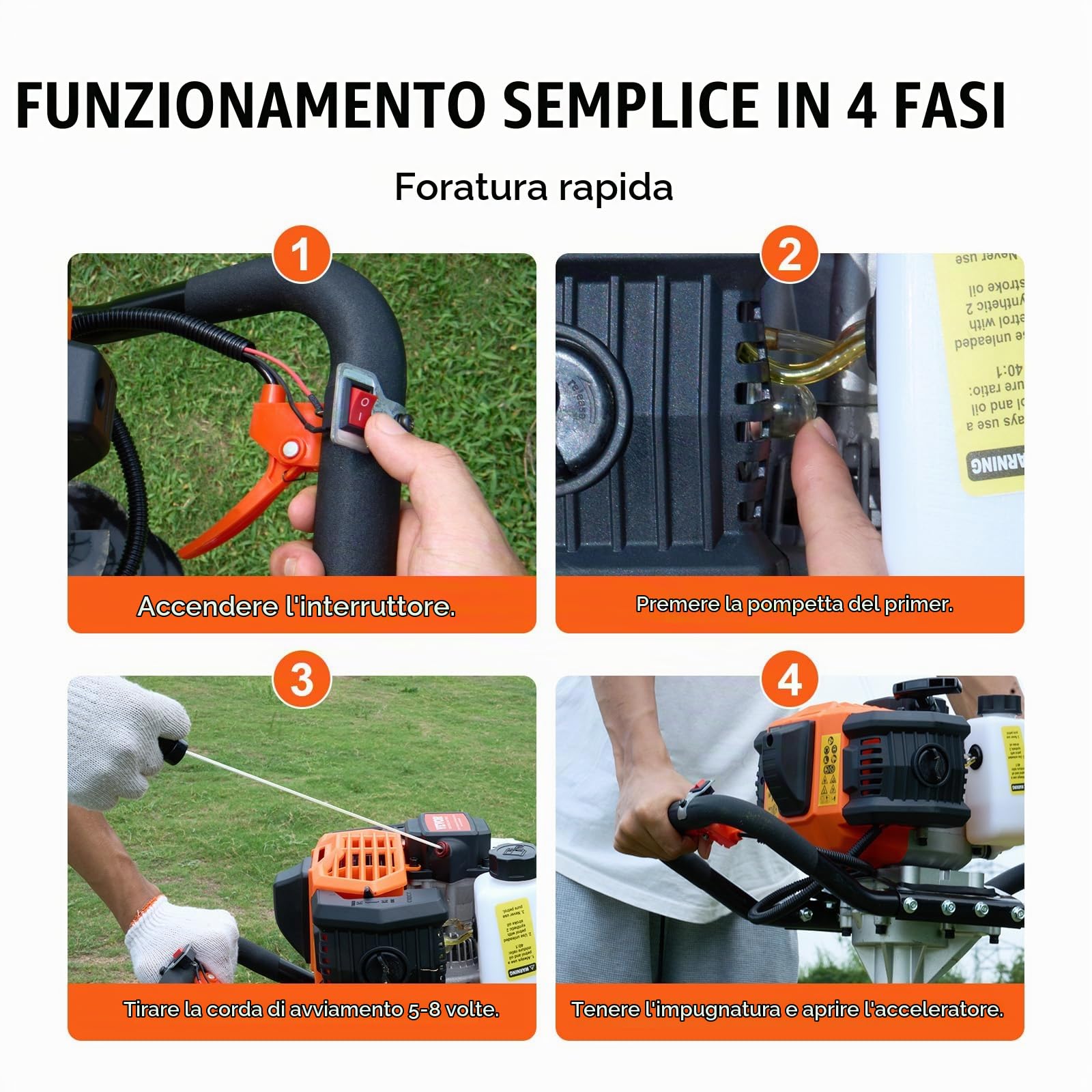 VEVOR Trivella per Pali a Gas 52 CC 1450 W Trivella per Terra, Trivella a Gas con Punte 200 mm 1 Asta di Prolunga, Trivella per Pali di Recinzione per Piante da Giardino, Piantagione, Arancione e Nero
