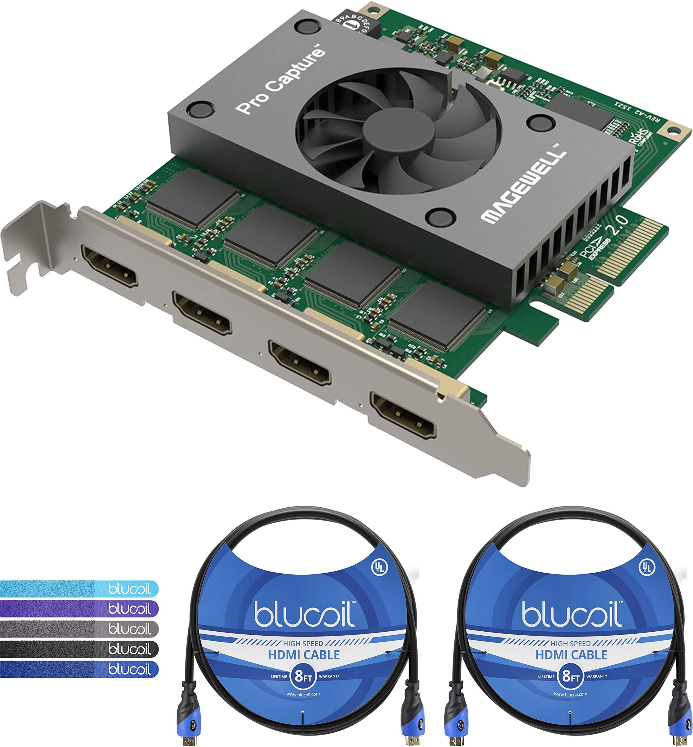Magewell Pro Capture Quad HDMI 4 Channel Video Card - Windows, Linux, Mac Compatible Bundle with 2-Pack of Blucoil 8ft HDMI Cable and 5 Pack of Cable Ties