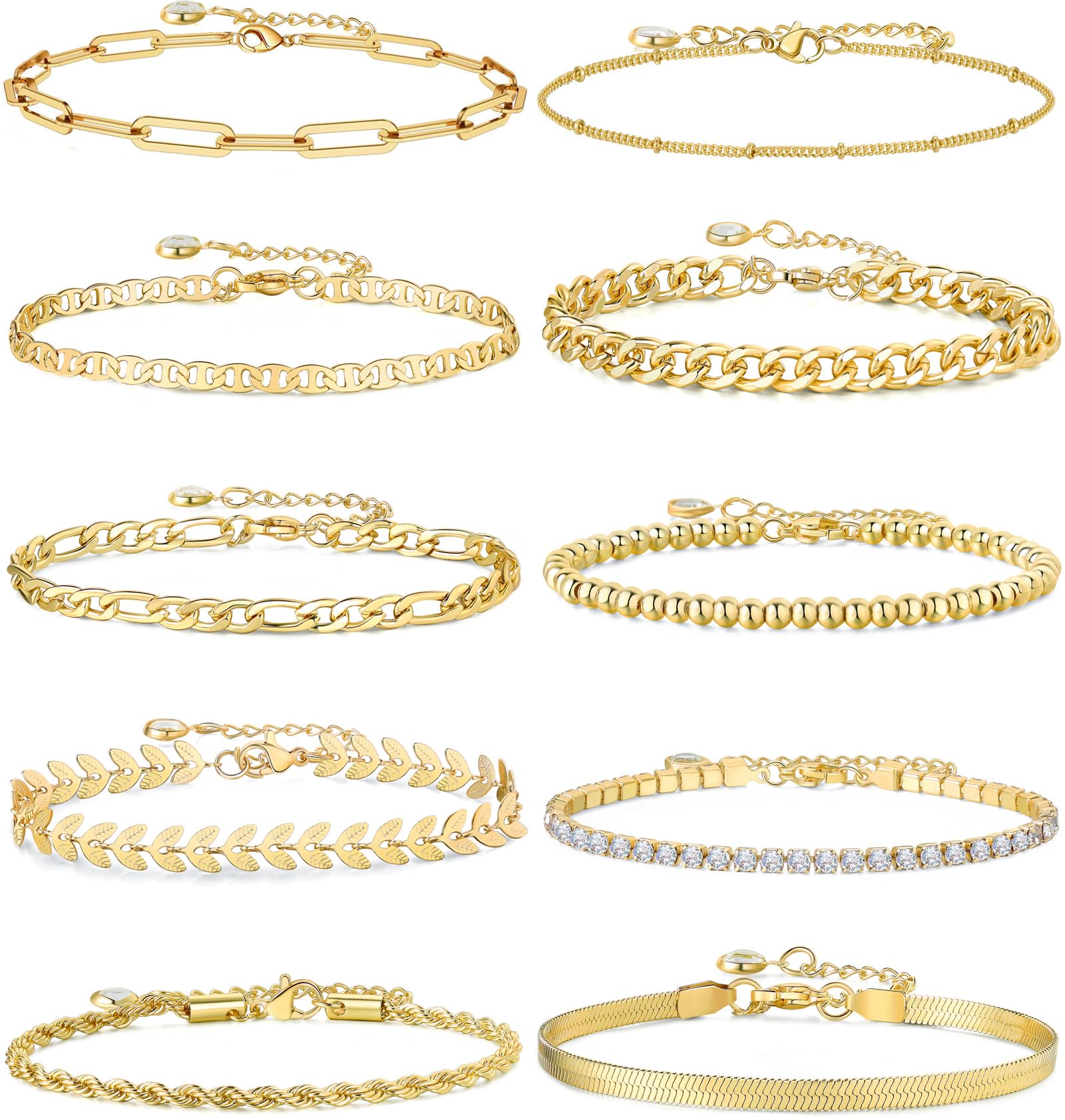 Gold Silver Chain Bracelets Sets for Women Girls Stainless Steel Dainty 14K Real Gold Plated Link Paperclip Bead Bracelets Stackable Adjustable Layered Metal Fashion Jewelry