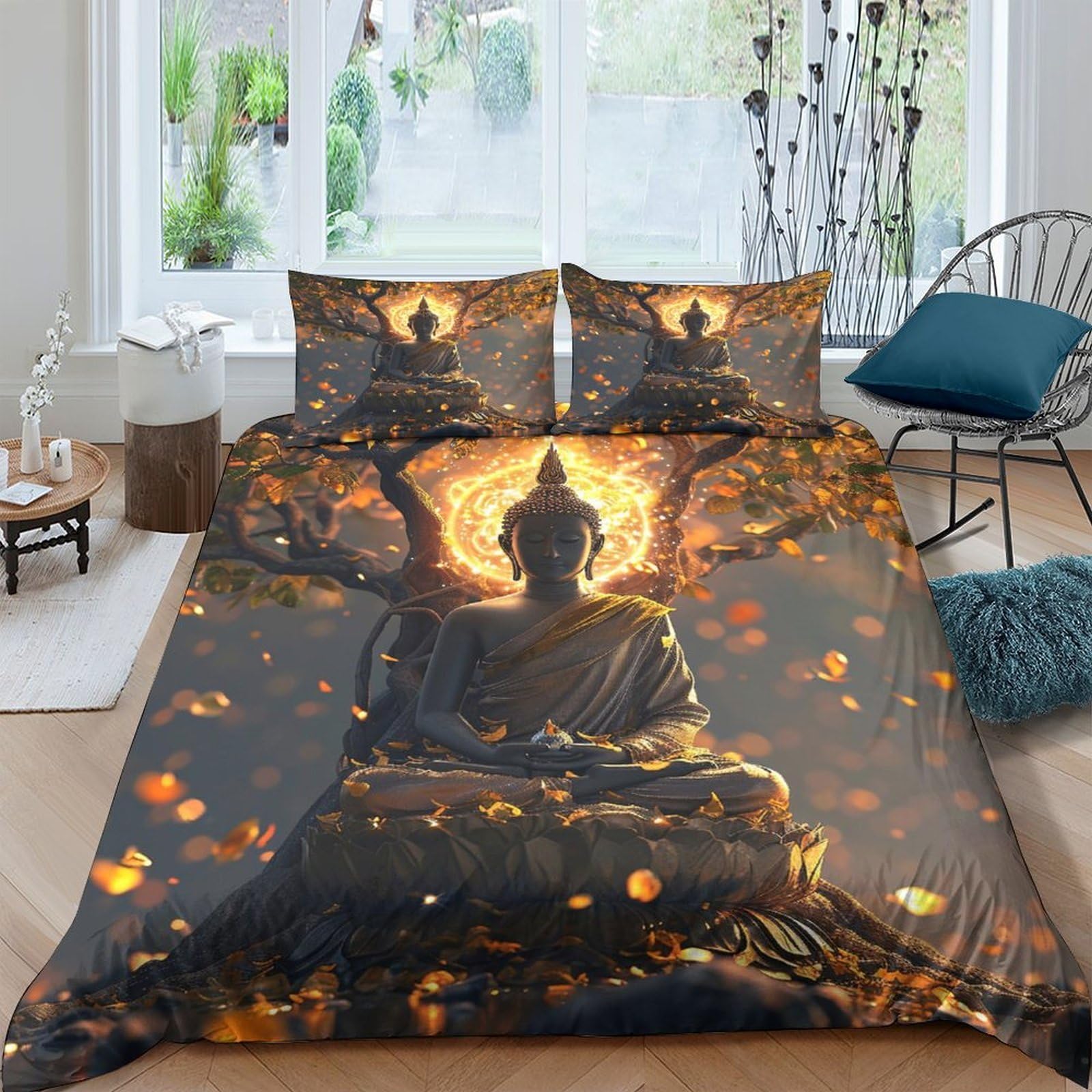 Ctjqhvkz Style-1 3D Printed Buddha Meditation Fitted Sheet Microfiber Soft Orange Glow Bed Cover For Bedroom Guest Room Decor Single（135X200cm）