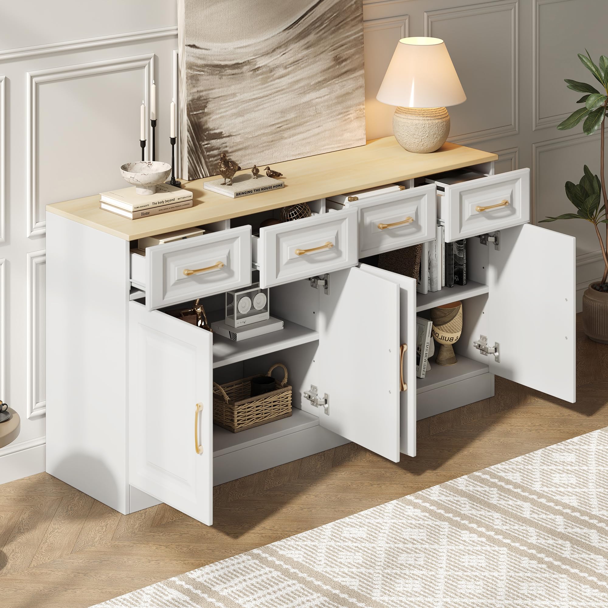 Aparador Cocina, Aparador Mueble De Cocina, Buffet Comedor con 4 Cajones y 4 Puertas, Mueble Bar, Aparadors Vitrina para Dormitorio, para Salon, Comedor, Sala de Estar, 140×40×75 cm (Blanco-A)