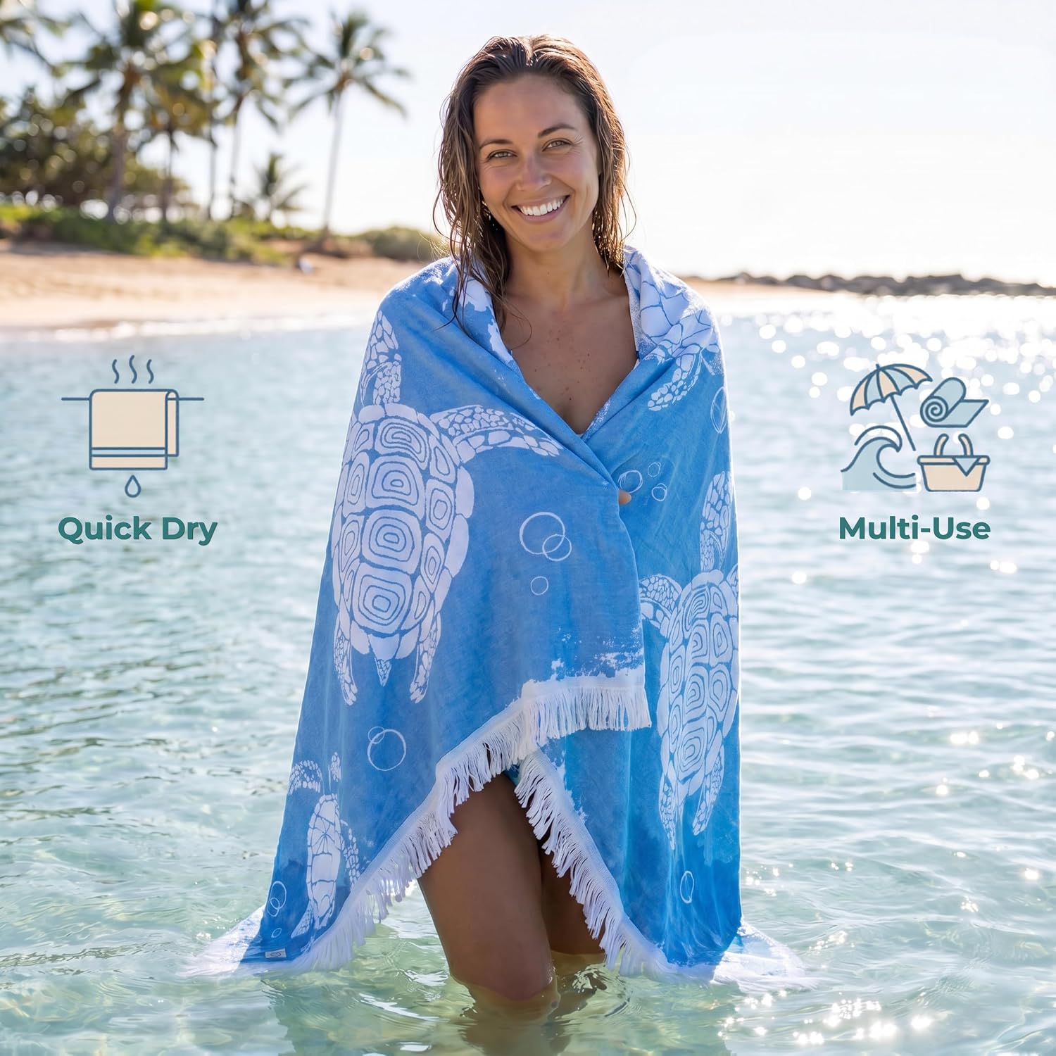 Arconiz Sea Turtle Beach Towel 36x70 Inch Oversized - Turkish Cotton Soft Absorbent Quick Dry Large Beach Blanket with Fringe, Blue Ocean Marine Pool Towel for Travel, Vacation