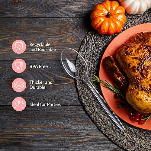 Vista 5 de Prestee 100 cucharas de plástico transparente a granel – Cucharas de plástico desechables duraderas – Cuchara resistente al calor – Paquete de Claro