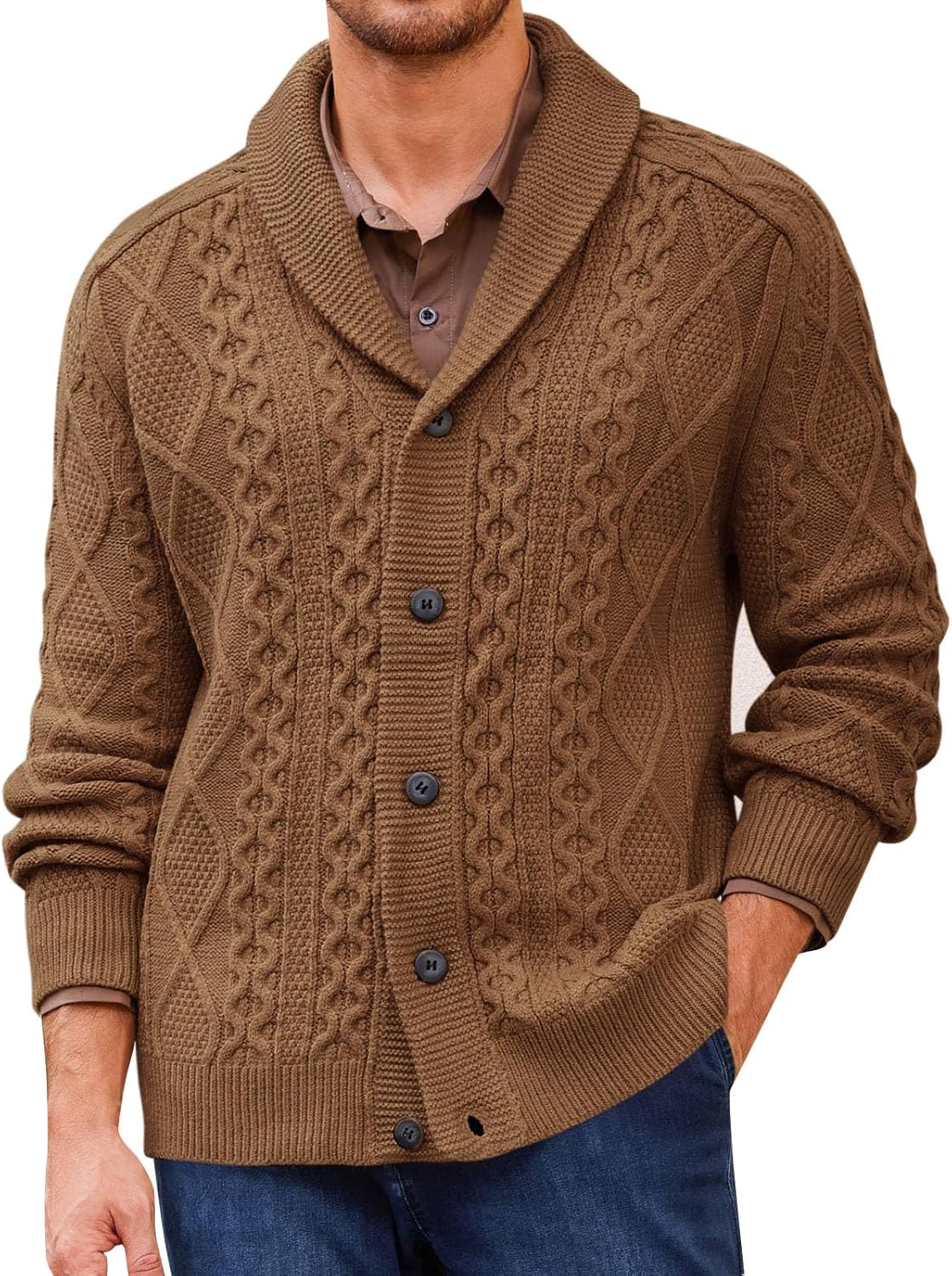 Runcati Mens Shawl Collar Cardigan Sweater Cable Knitted Button Down Sweaters Chunky Fall Winter Outwear