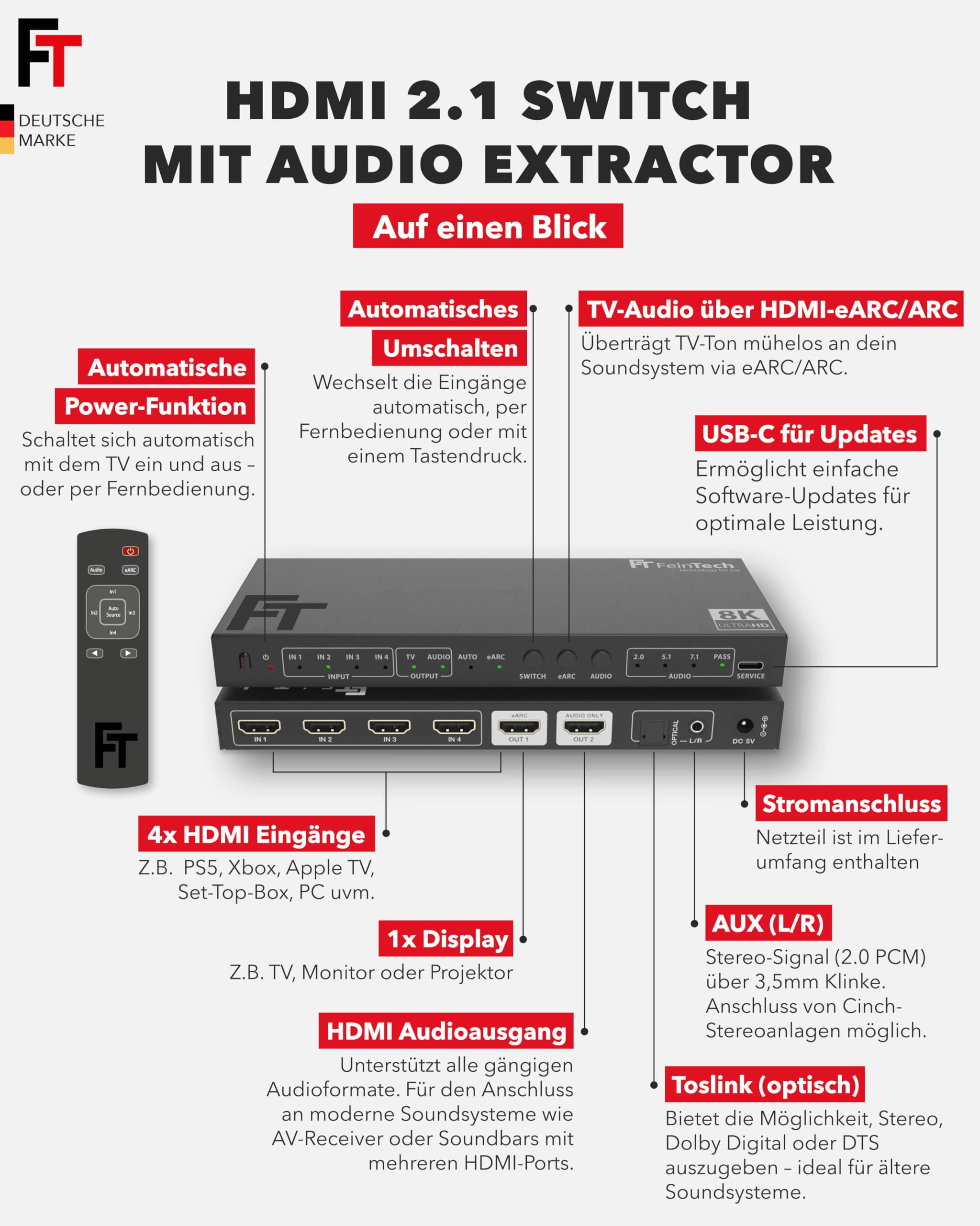 FeinTech SW411 HDMI 2.1 Switch 4 In 1 Out mit Audio Extractor für Soundsysteme mit HDMI-, Toslink- und AUX-Eingang, unterstützt 4K 120Hz & 8K
