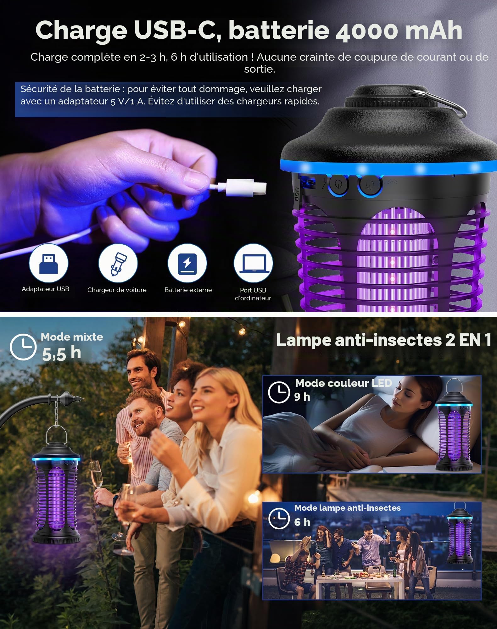 Lampe Anti Moustique, 4000 mAh Portable Rechargeable, Protection IP4X, contrôle USB, Tueur D'Insectes, Piège à Mouches Électrique boîtiers, Noir