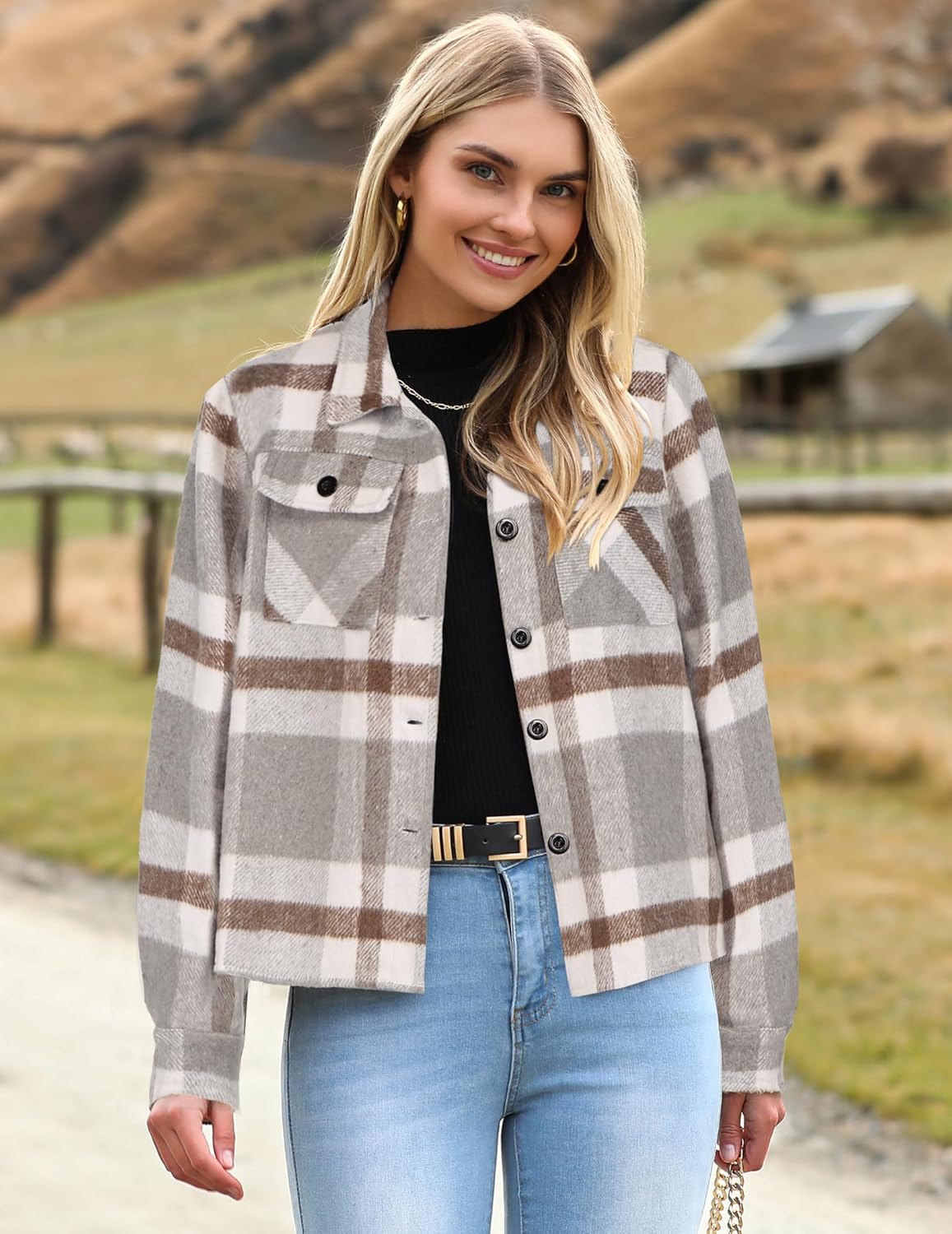 HOTOUCH Women Jackets Cropped Shacket Plaid Button Down Shirt Long Sleeve Flannel Coat Tops with Lapel Pocketes - Image 2