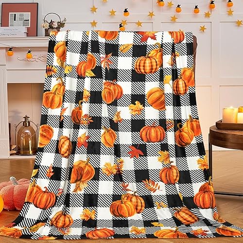 Miniatura 6 de Manta de otoño a cuadros blancos y negros para sofá de 50 x 60 pulgadas, acogedora manta de franela de otoño con hojas de calabaza de otoño y mantas